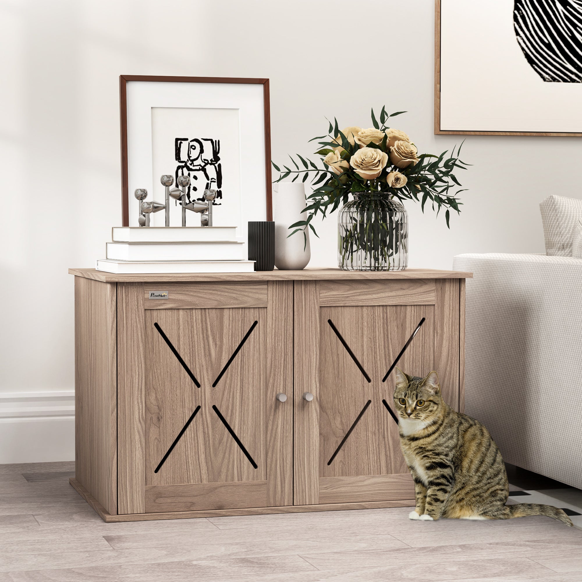 PawHut Cat Litter Box Enclosure, Cats House Litter Box Furniture with Double Doors and Side Entrance, Non-Slip Pads, Indoor Kitty House Hidden Washroom Toilet for Living Room, Walnut Brown