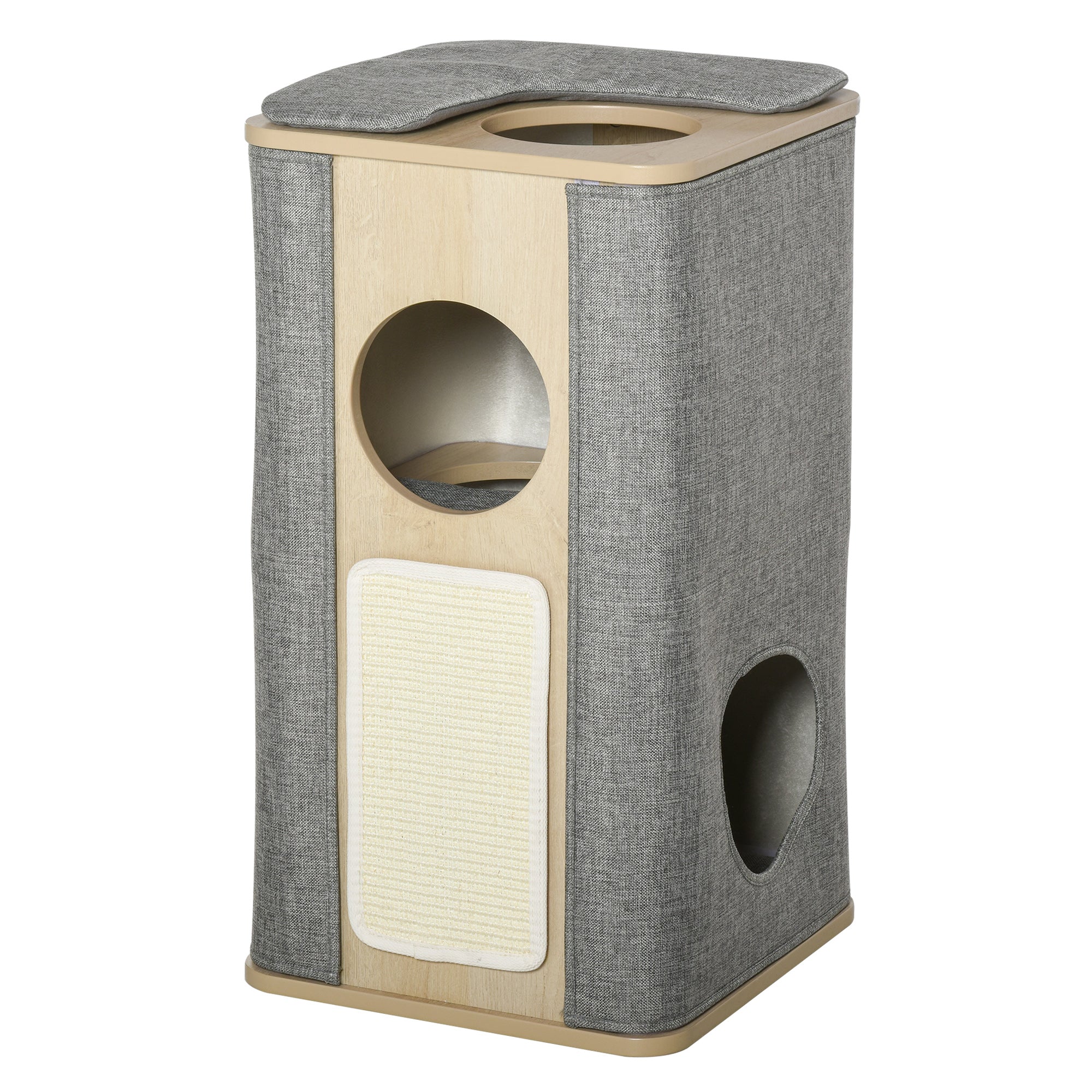 PawHut Wooden Cat Condo 3 Story Barrel Tower w/ Perch Removable Cover Cushions Sisal Scratching Carpet, Grey