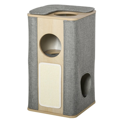 PawHut Wooden Cat Condo 3 Story Barrel Tower w/ Perch Removable Cover Cushions Sisal Scratching Carpet, Grey