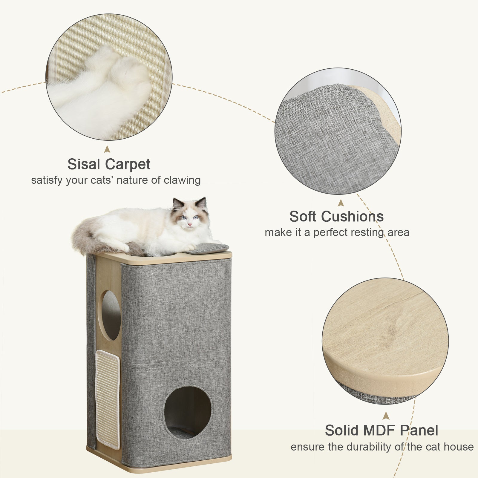 PawHut Wooden Cat Condo 3 Story Barrel Tower w/ Perch Removable Cover Cushions Sisal Scratching Carpet, Grey