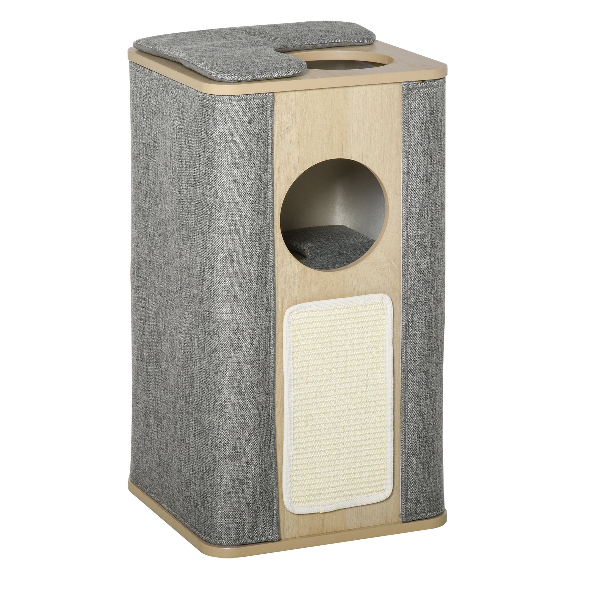PawHut Wooden Cat Condo 3 Story Barrel Tower w/ Perch Removable Cover Cushions Sisal Scratching Carpet, Grey