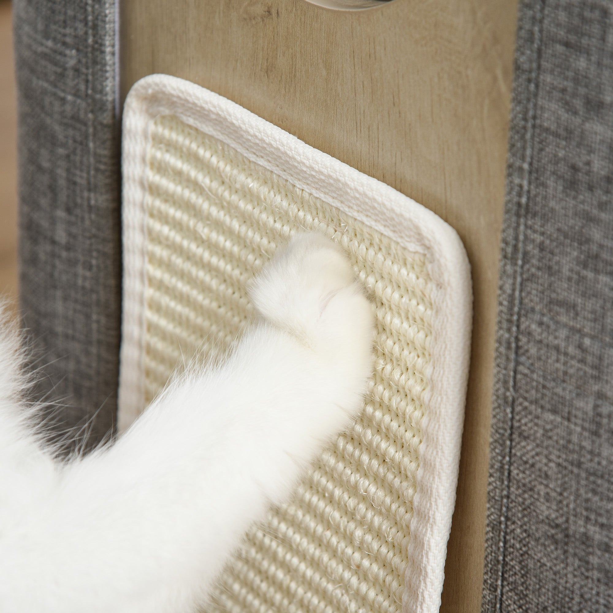 PawHut Wooden Cat Condo 3 Story Barrel Tower w/ Perch Removable Cover Cushions Sisal Scratching Carpet, Grey