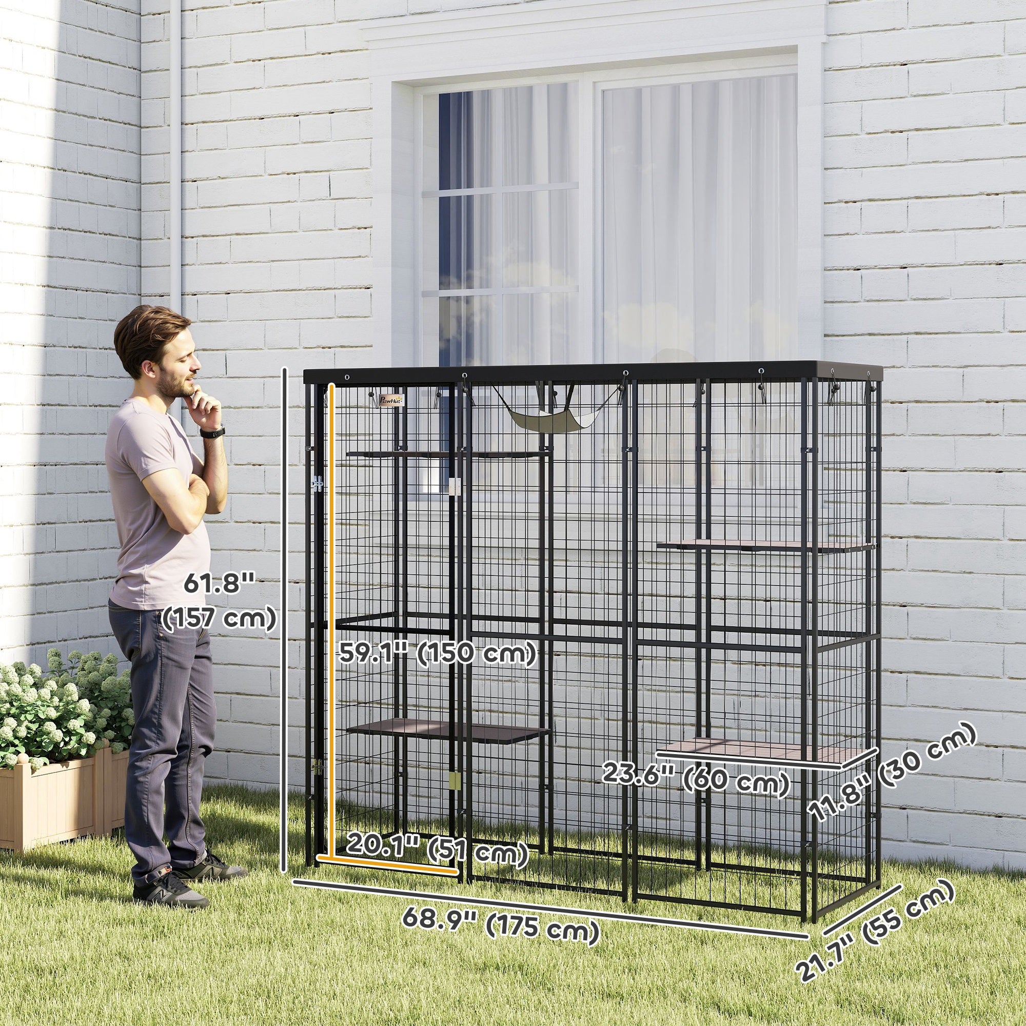 PawHut Catio Outdoor Cat Enclosure, Weld Wire Outdoor Cat House with Waterproof Cover, 4 Jumping Platforms, Hammock, Cat Cage Indoor for 1-3 Kittens, 69" x 22" x 62", Black