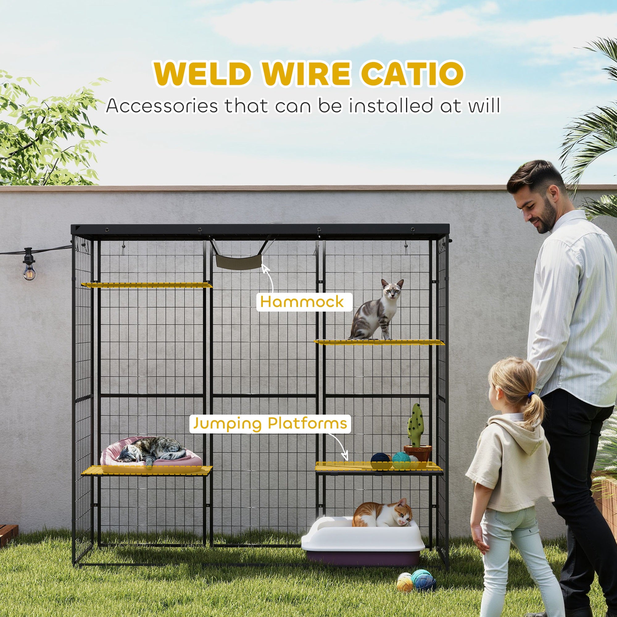 PawHut Catio Outdoor Cat Enclosure, Weld Wire Outdoor Cat House with Waterproof Cover, 4 Jumping Platforms, Hammock, Cat Cage Indoor for 1-3 Kittens, 69" x 22" x 62", Black