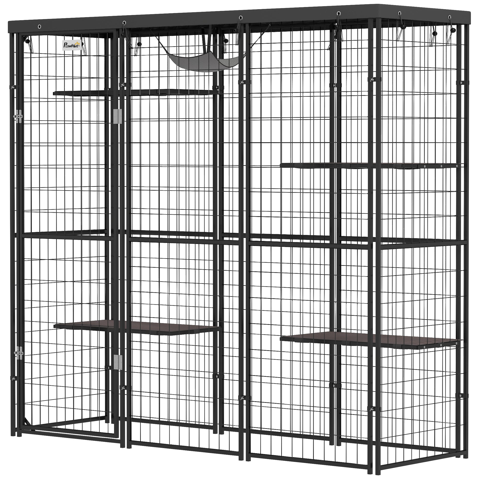 PawHut Catio Outdoor Cat Enclosure, Weld Wire Outdoor Cat House with Waterproof Cover, 4 Jumping Platforms, Hammock, Cat Cage Indoor for 1-3 Kittens, 69" x 22" x 62", Black