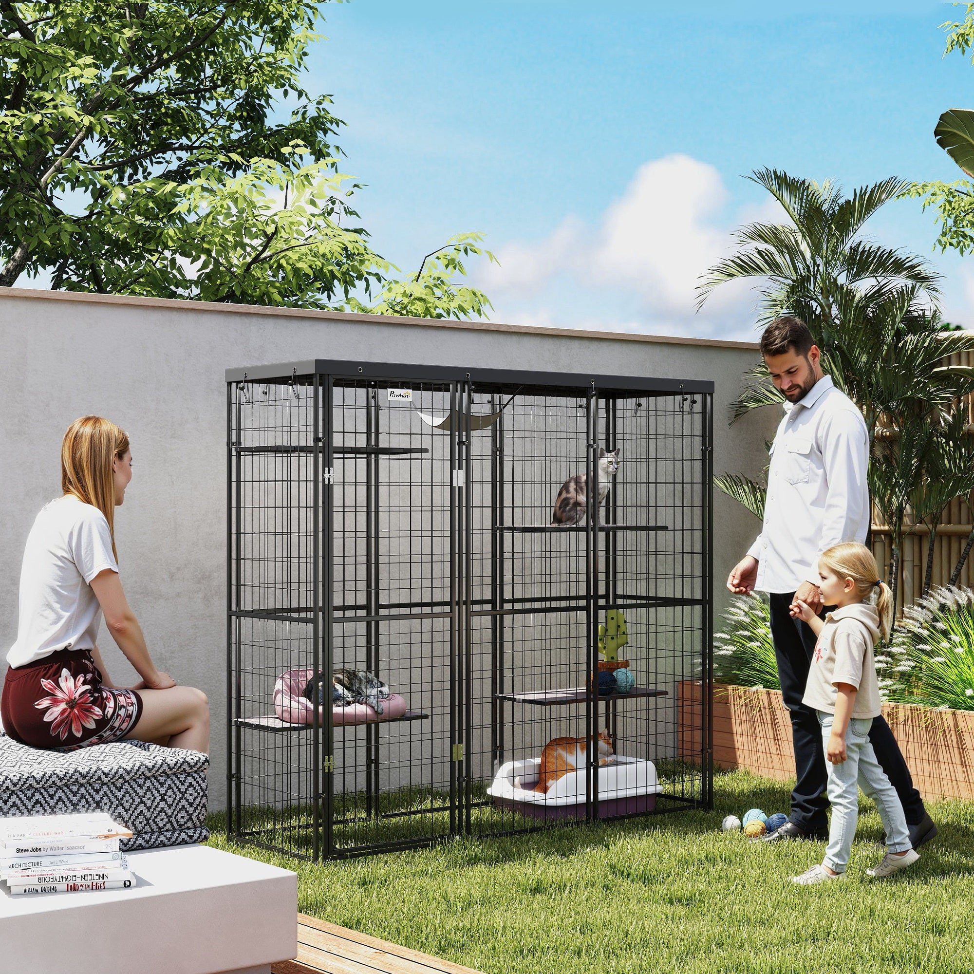 PawHut Catio Outdoor Cat Enclosure, Weld Wire Outdoor Cat House with Waterproof Cover, 4 Jumping Platforms, Hammock, Cat Cage Indoor for 1-3 Kittens, 69" x 22" x 62", Black