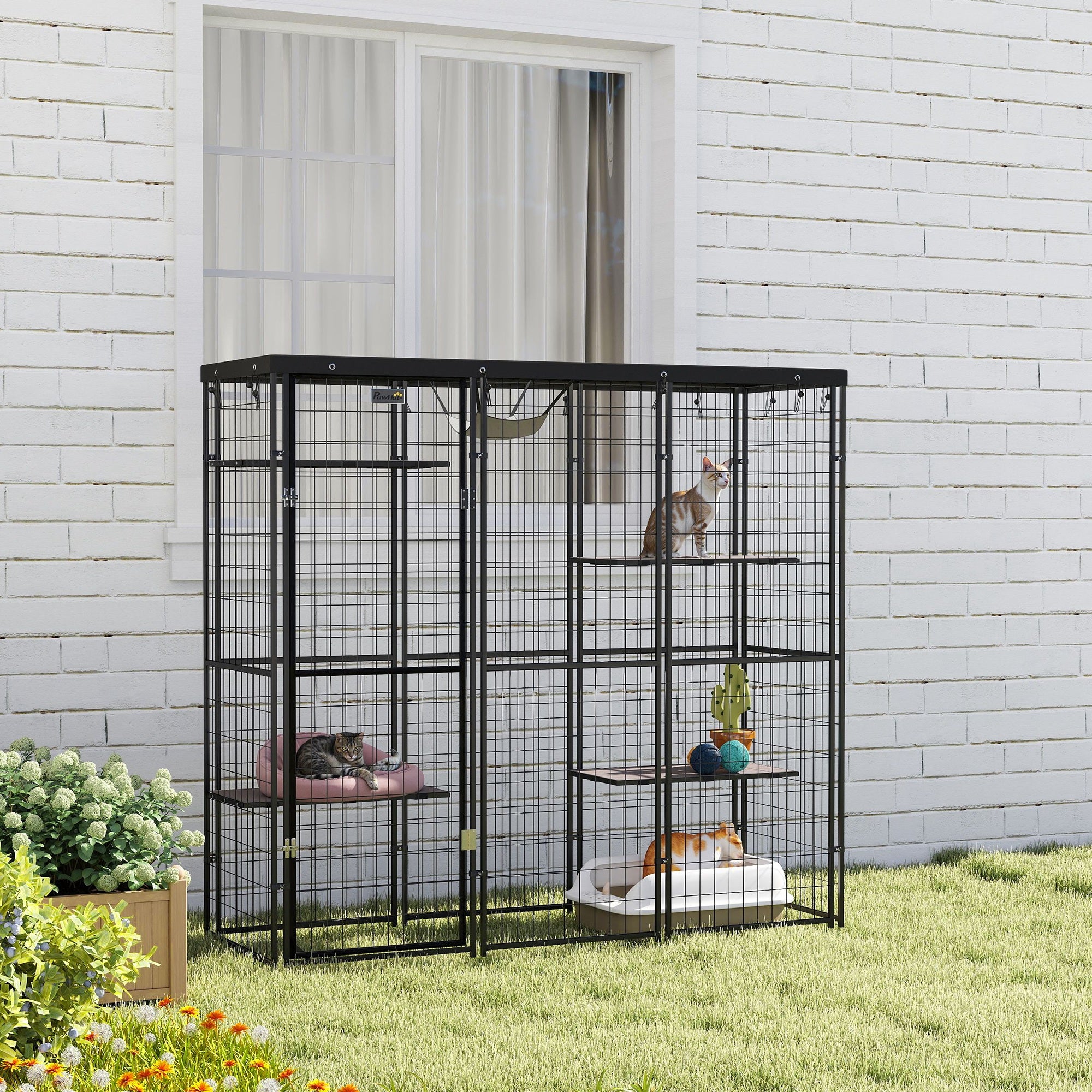 PawHut Catio Outdoor Cat Enclosure, Weld Wire Outdoor Cat House with Waterproof Cover, 4 Jumping Platforms, Hammock, Cat Cage Indoor for 1-3 Kittens, 69" x 22" x 62", Black