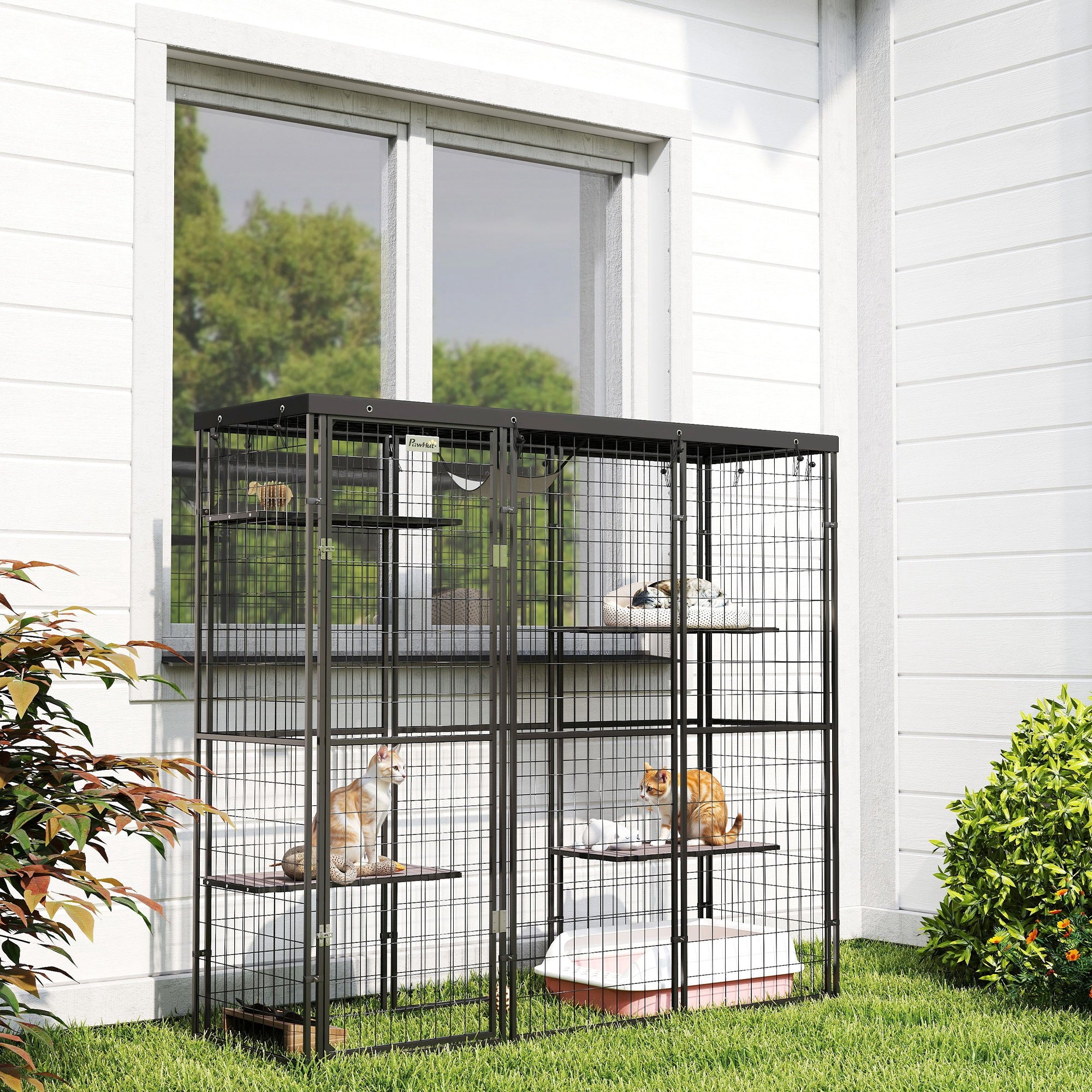 PawHut Catio Outdoor Cat Enclosure, Weld Wire Outdoor Cat House with Waterproof Cover, 4 Jumping Platforms, Hammock, Cat Cage Indoor for 1-3 Kittens, 69" x 22" x 62", Black