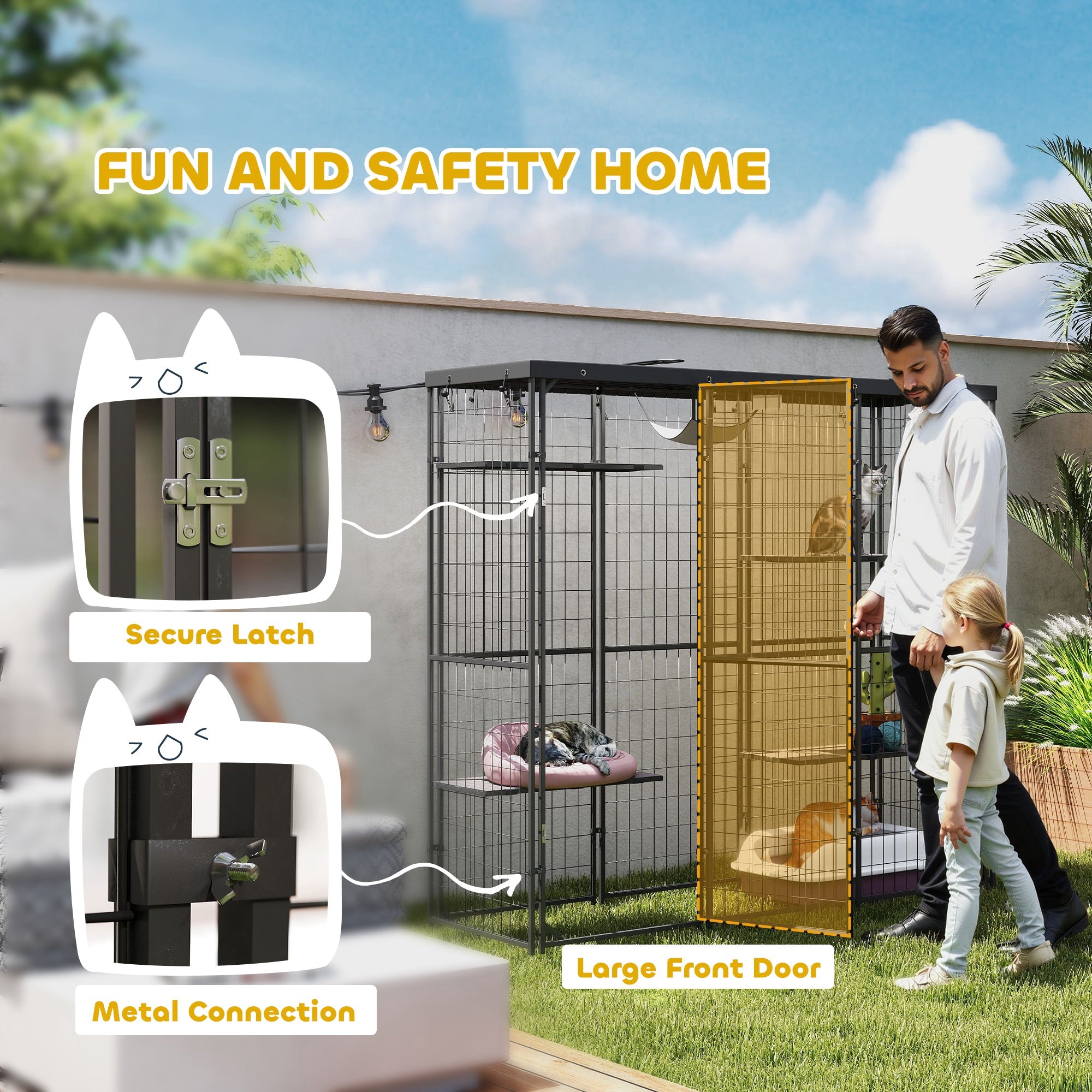 PawHut Catio Outdoor Cat Enclosure, Weld Wire Outdoor Cat House with Waterproof Cover, 4 Jumping Platforms, Hammock, Cat Cage Indoor for 1-3 Kittens, 69" x 22" x 62", Black