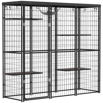 PawHut Catio Outdoor Cat Enclosure, Weld Wire Outdoor Cat House with Waterproof Cover, 4 Jumping Platforms, Hammock, Cat Cage Indoor for 1-3 Kittens, 69" x 22" x 62", Black