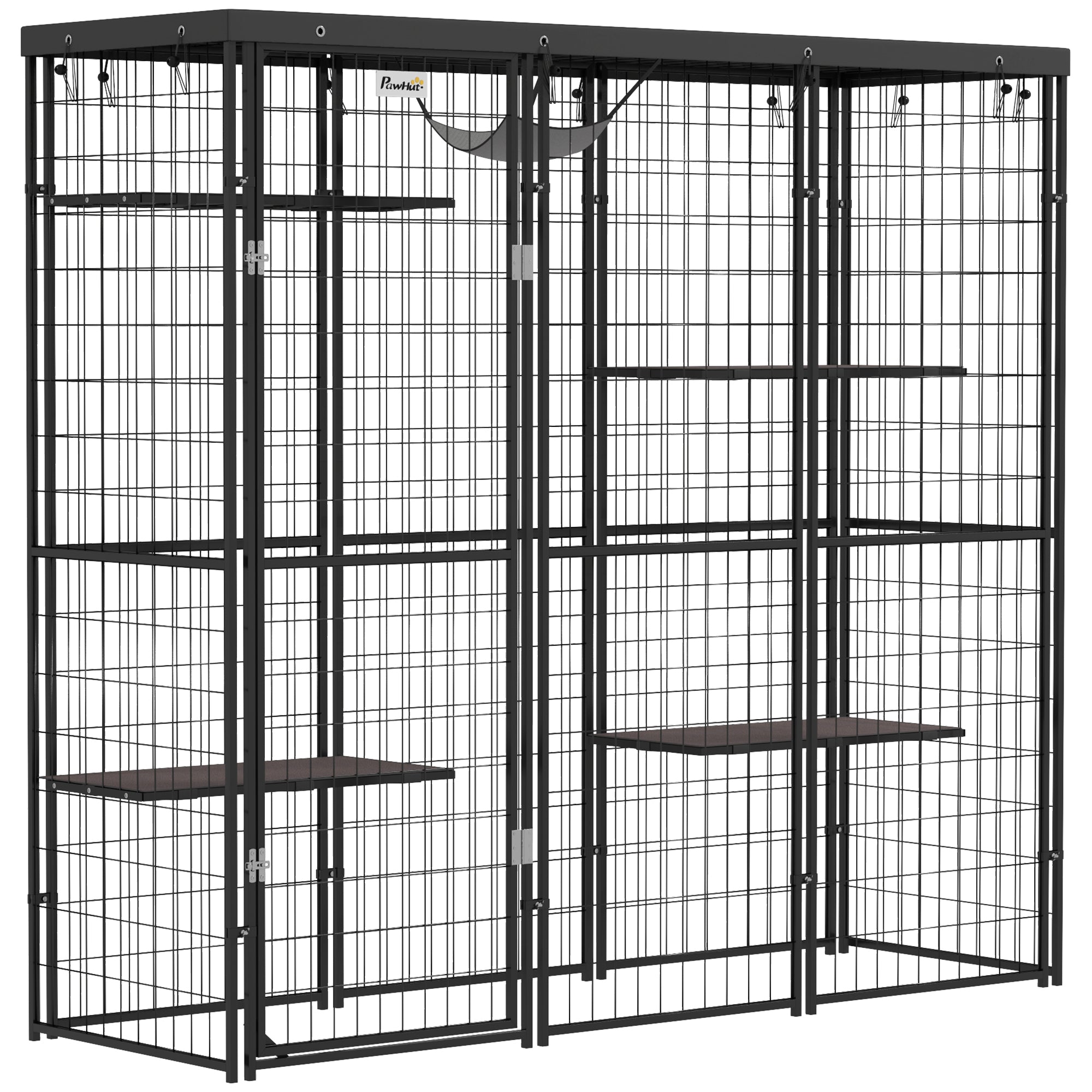 PawHut Catio Outdoor Cat Enclosure, Weld Wire Outdoor Cat House with Waterproof Cover, 4 Jumping Platforms, Hammock, Cat Cage Indoor for 1-3 Kittens, 69
