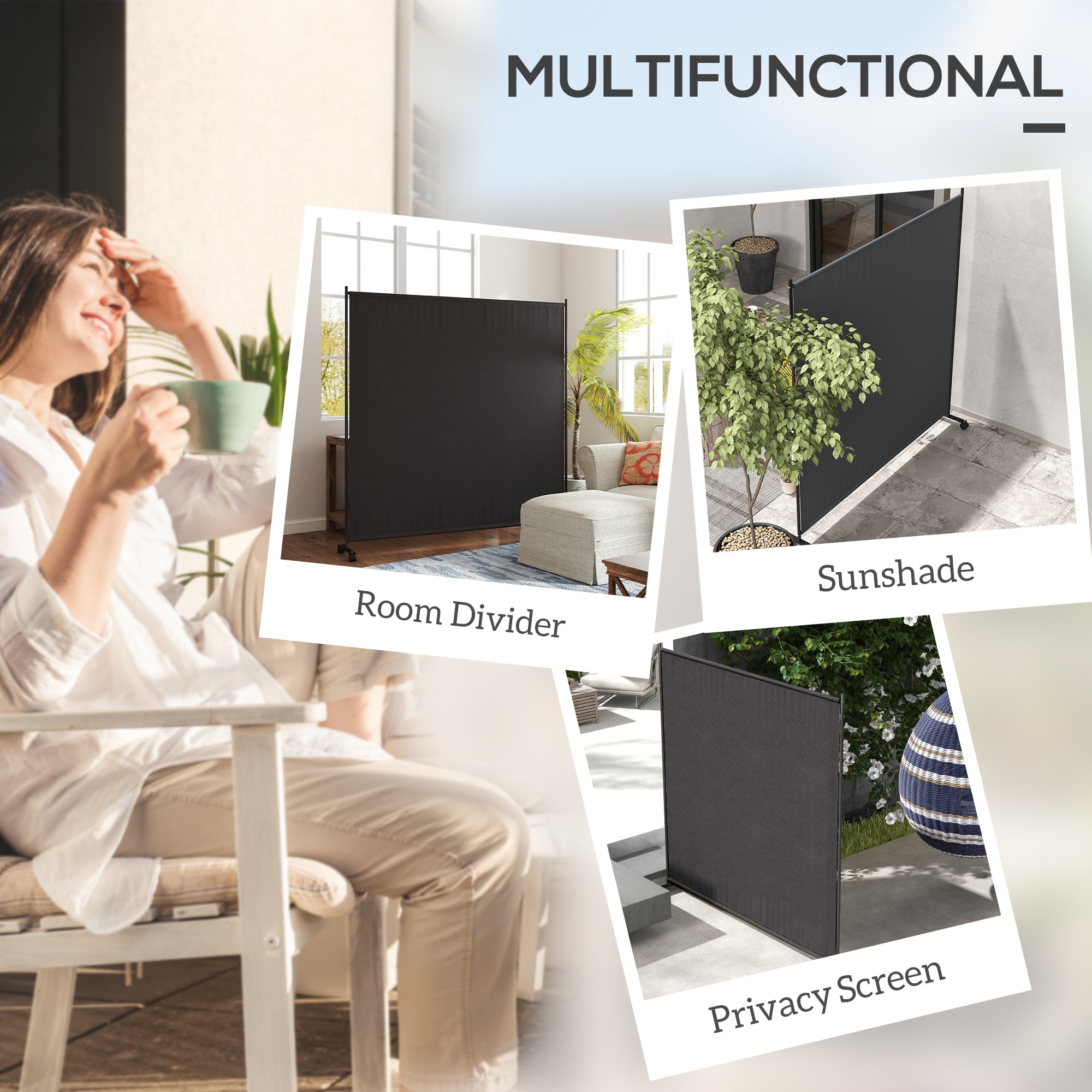 Outsunny Single Panel Room Divider with Lockable Wheels, 6ft Rolling Privacy Screen, Portable Freestanding Privacy Panel for Garden Backyard Deck Pool Hot Tub, Black