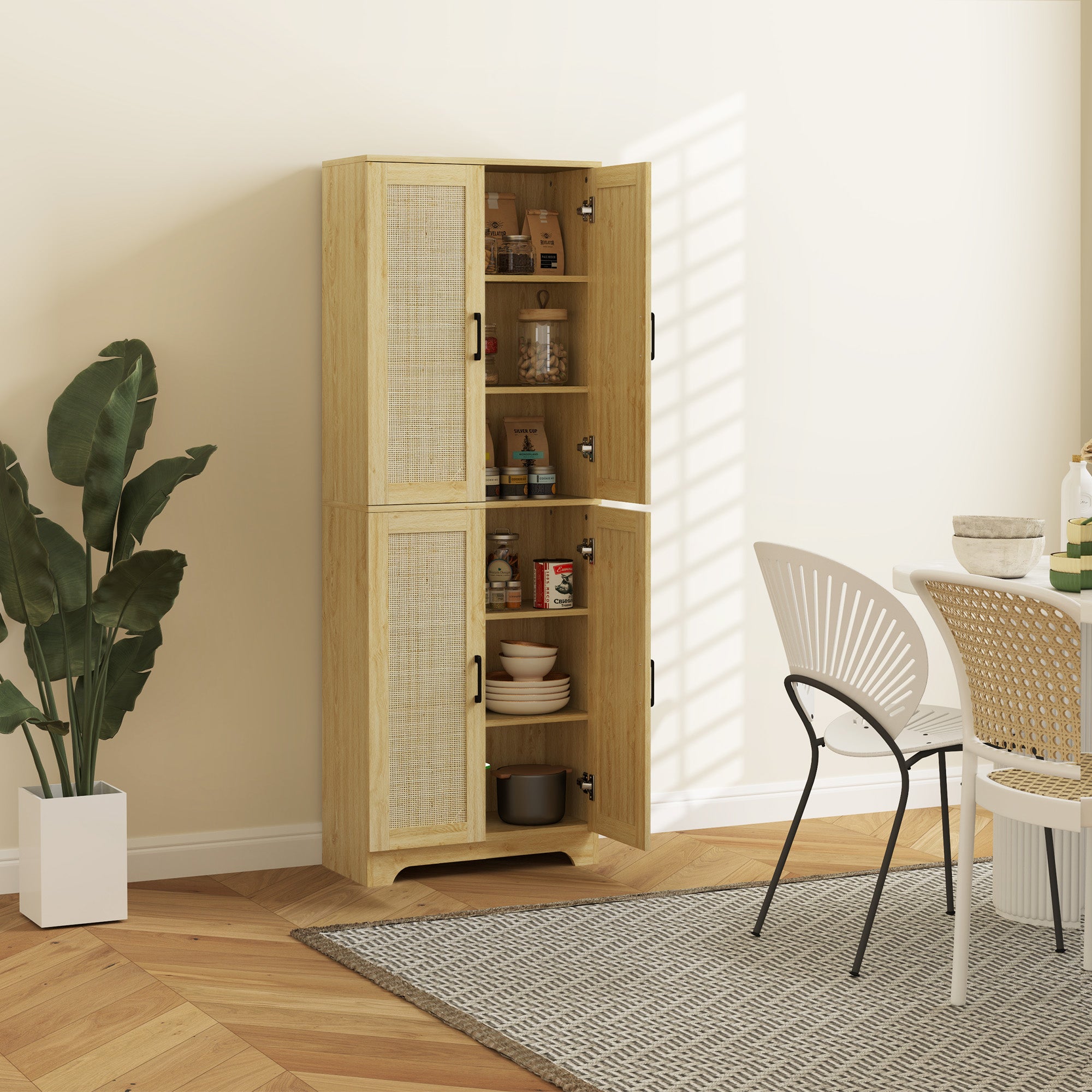 HOMCOM Kitchen Pantry Cabinet, 67" Tall Pantry Storage Cabinet Freestanding with 4 Rattan Doors and Adjustable Shelves, Cupboards Cabinet, Oak