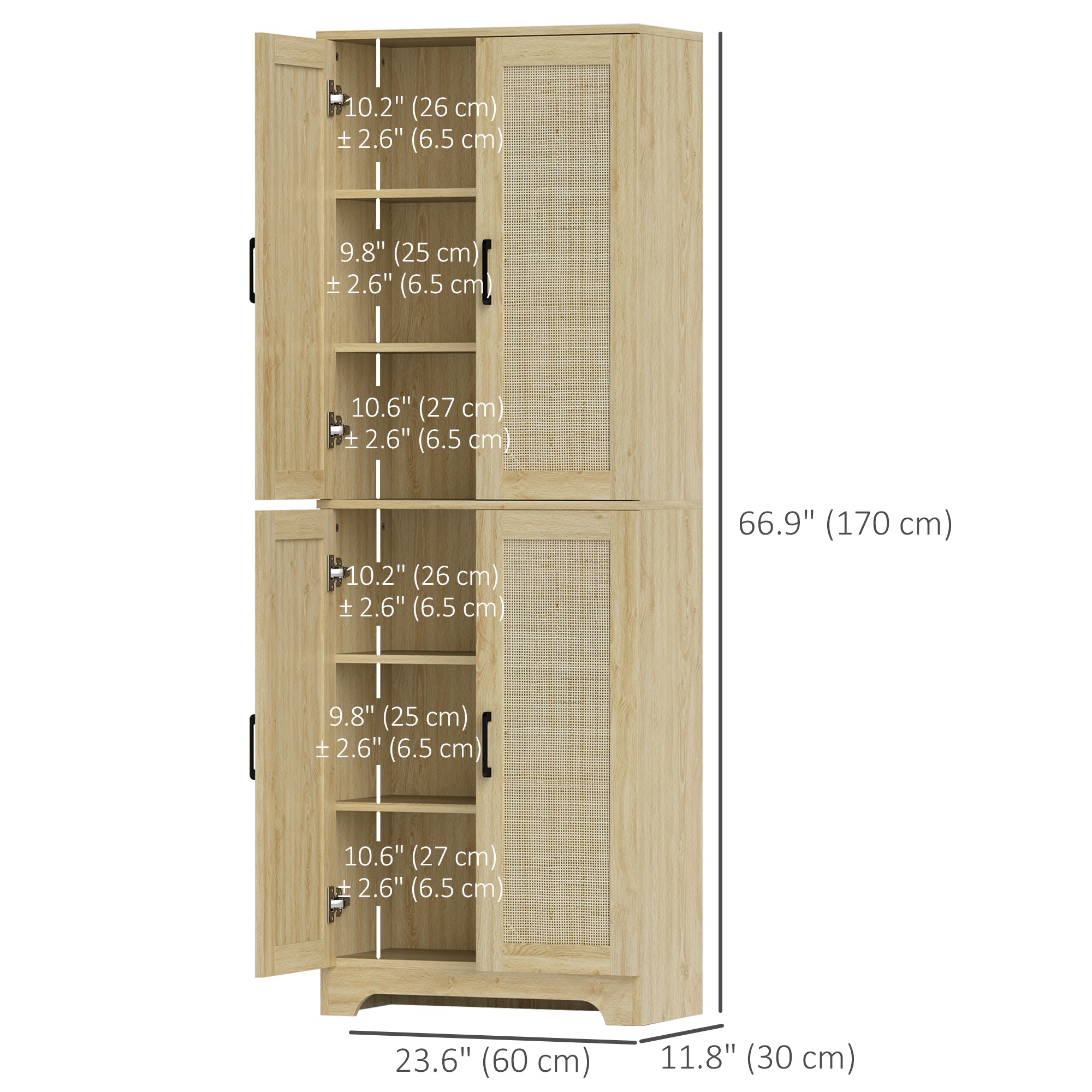 HOMCOM Kitchen Pantry Cabinet, 67" Tall Pantry Storage Cabinet Freestanding with 4 Rattan Doors and Adjustable Shelves, Cupboards Cabinet, Oak