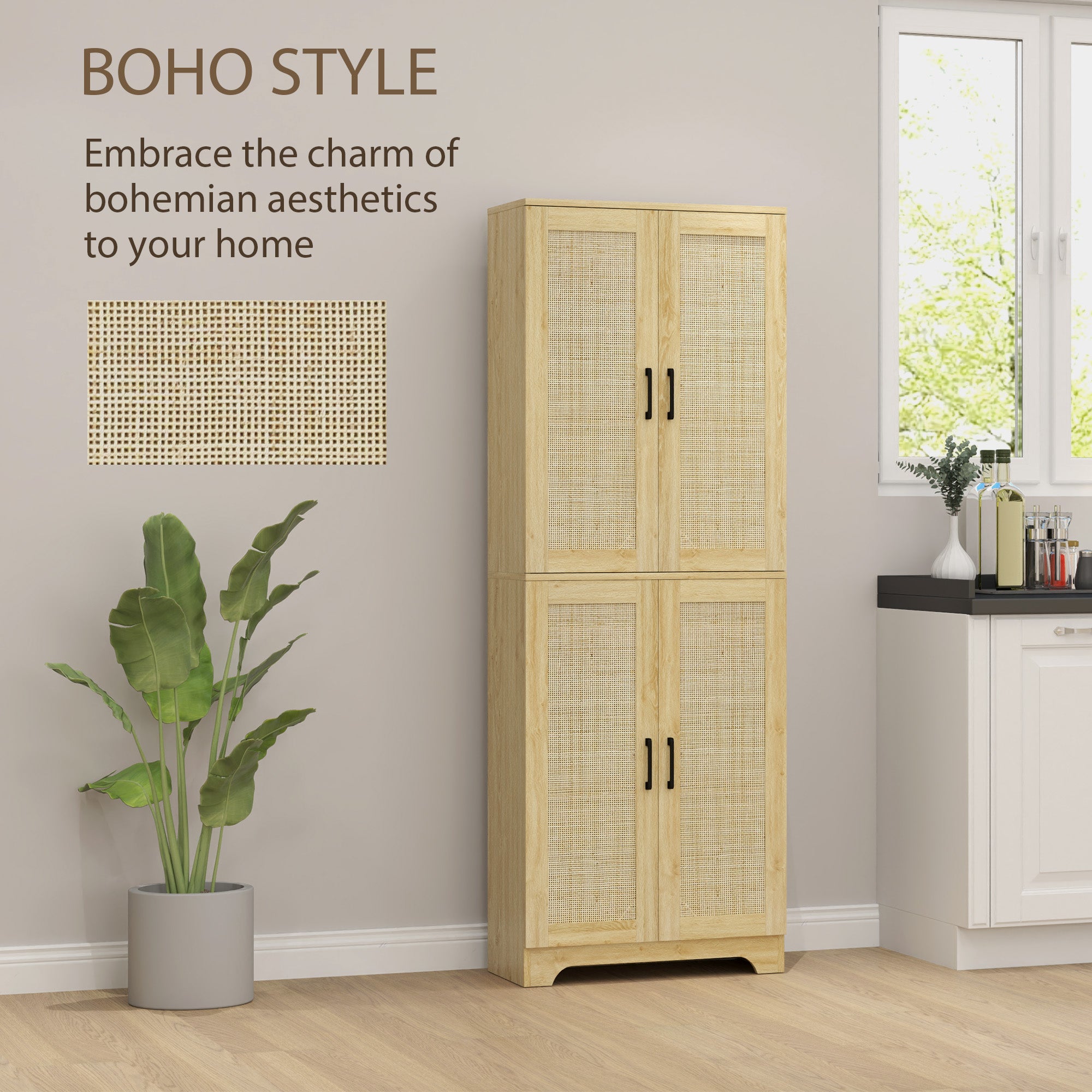 HOMCOM Kitchen Pantry Cabinet, 67" Tall Pantry Storage Cabinet Freestanding with 4 Rattan Doors and Adjustable Shelves, Cupboards Cabinet, Oak