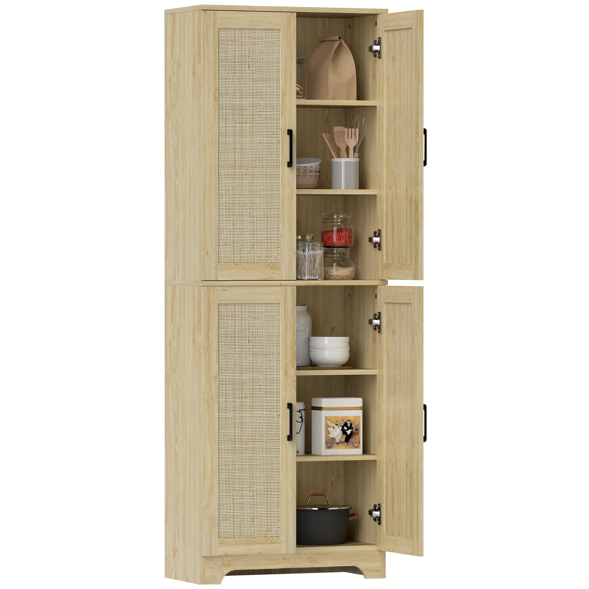 HOMCOM Kitchen Pantry Cabinet, 67" Tall Pantry Storage Cabinet Freestanding with 4 Rattan Doors and Adjustable Shelves, Cupboards Cabinet, Oak