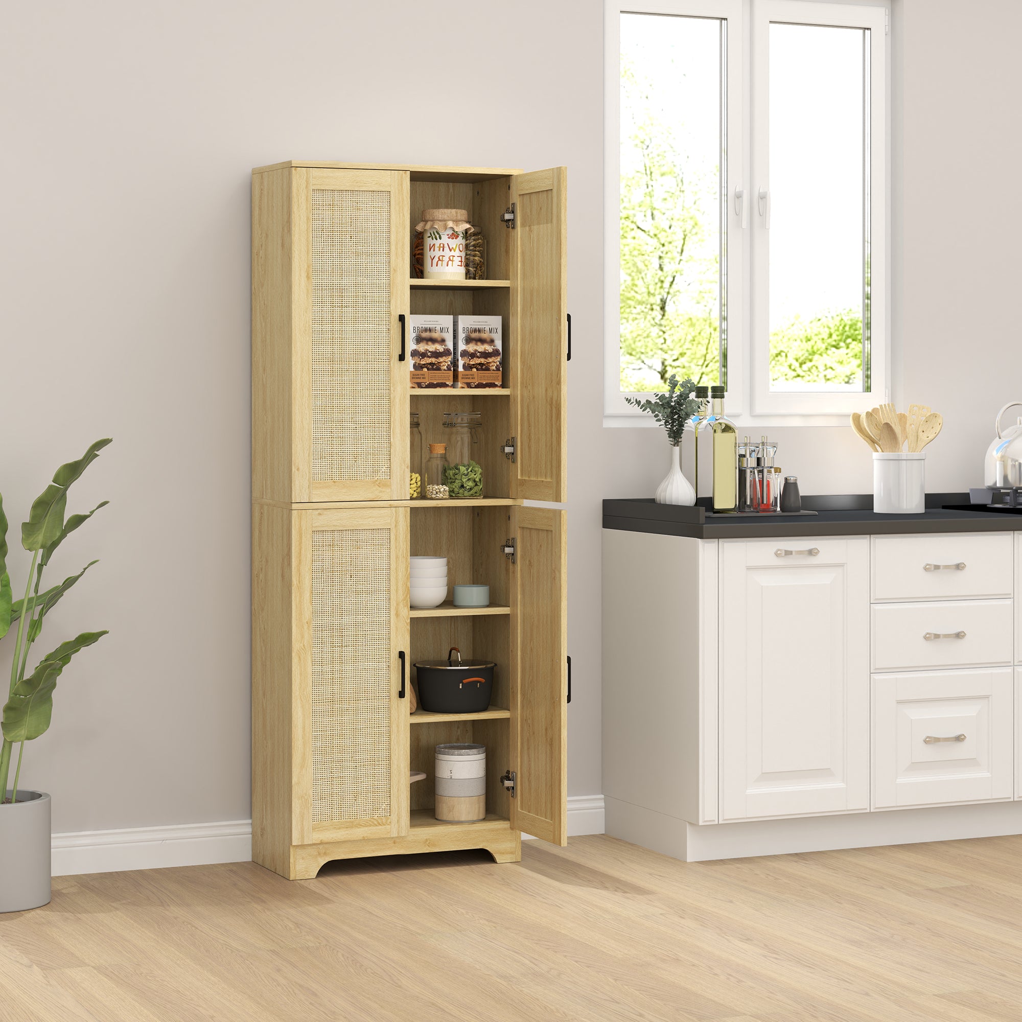 HOMCOM Kitchen Pantry Cabinet, 67" Tall Pantry Storage Cabinet Freestanding with 4 Rattan Doors and Adjustable Shelves, Cupboards Cabinet, Oak