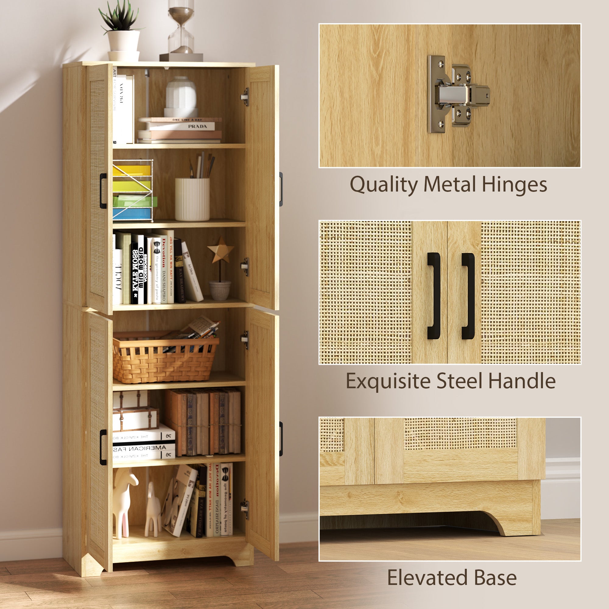 HOMCOM Kitchen Pantry Cabinet, 67" Tall Pantry Storage Cabinet Freestanding with 4 Rattan Doors and Adjustable Shelves, Cupboards Cabinet, Oak
