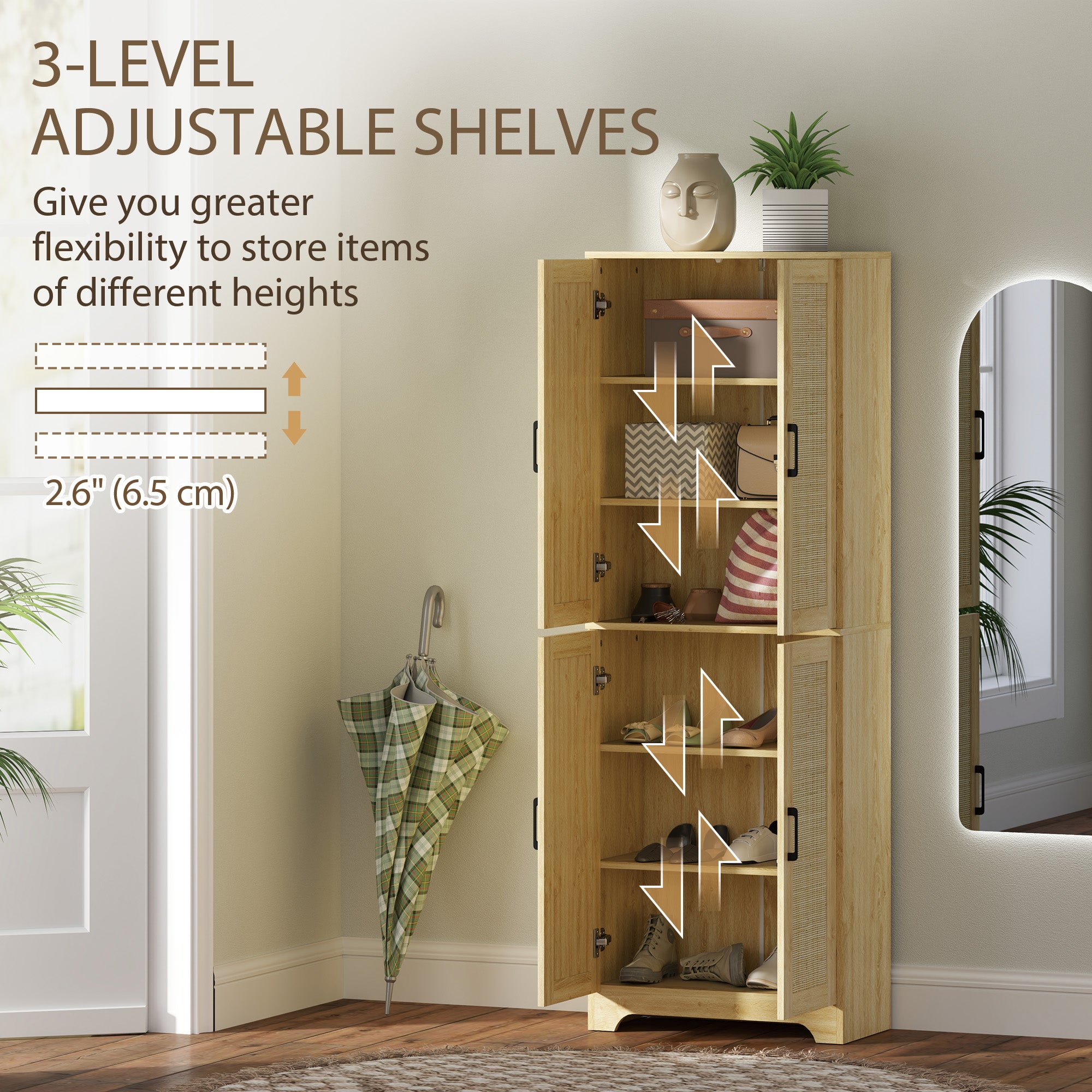 HOMCOM Kitchen Pantry Cabinet, 67" Tall Pantry Storage Cabinet Freestanding with 4 Rattan Doors and Adjustable Shelves, Cupboards Cabinet, Oak