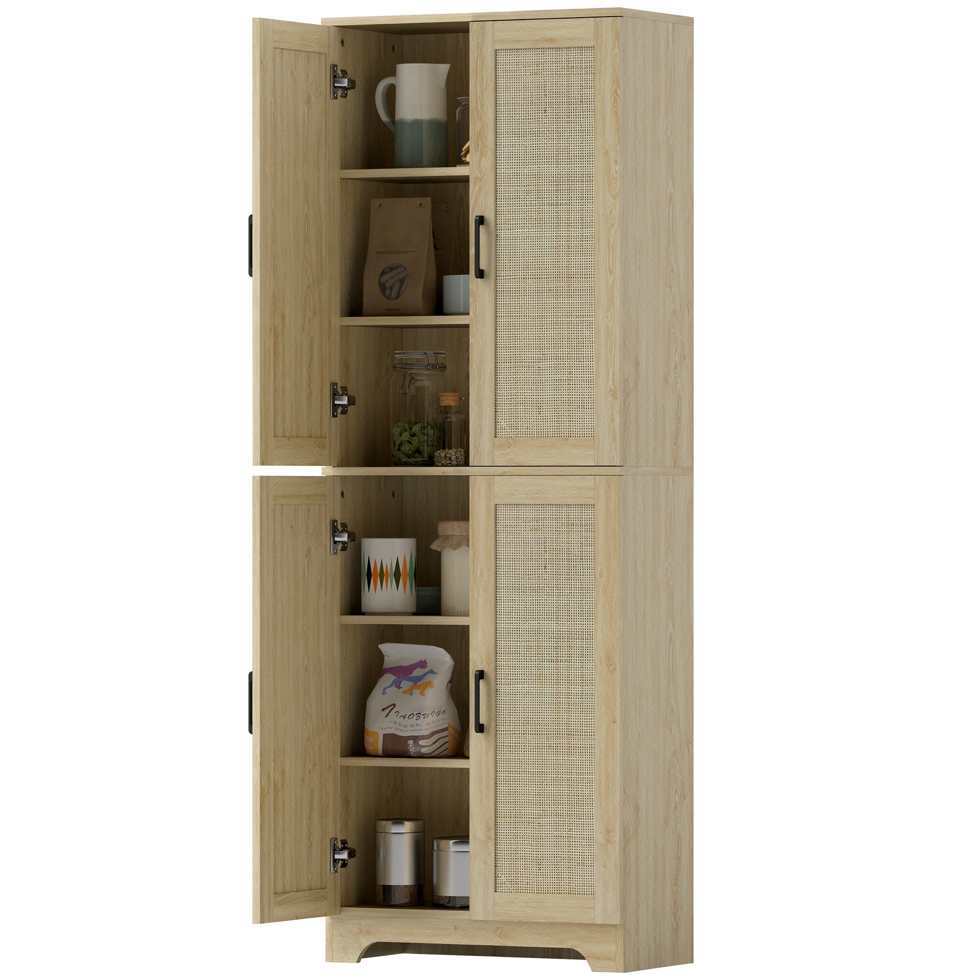 HOMCOM Kitchen Pantry Cabinet, 67" Tall Pantry Storage Cabinet Freestanding with 4 Rattan Doors and Adjustable Shelves, Cupboards Cabinet, Oak