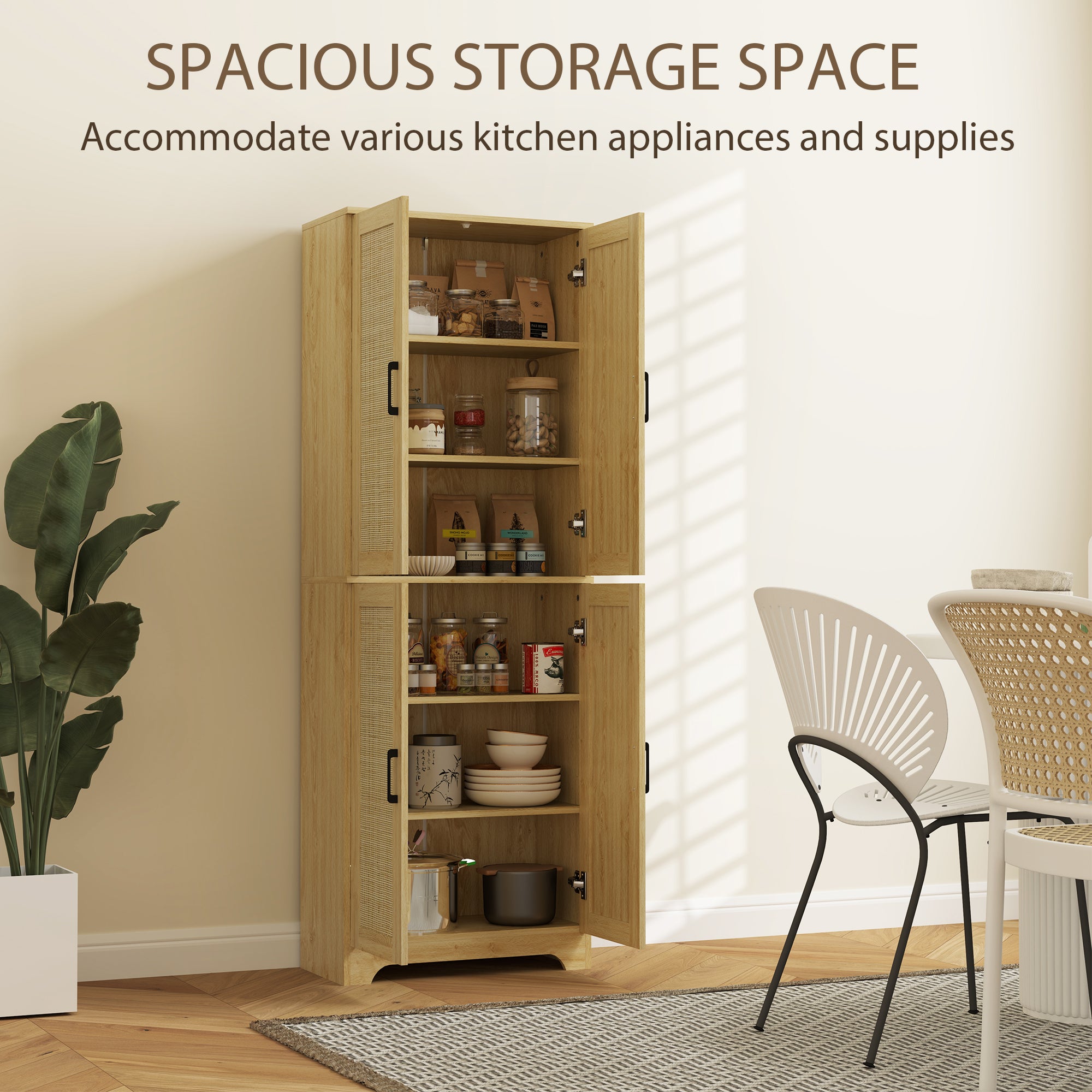 HOMCOM Kitchen Pantry Cabinet, 67" Tall Pantry Storage Cabinet Freestanding with 4 Rattan Doors and Adjustable Shelves, Cupboards Cabinet, Oak