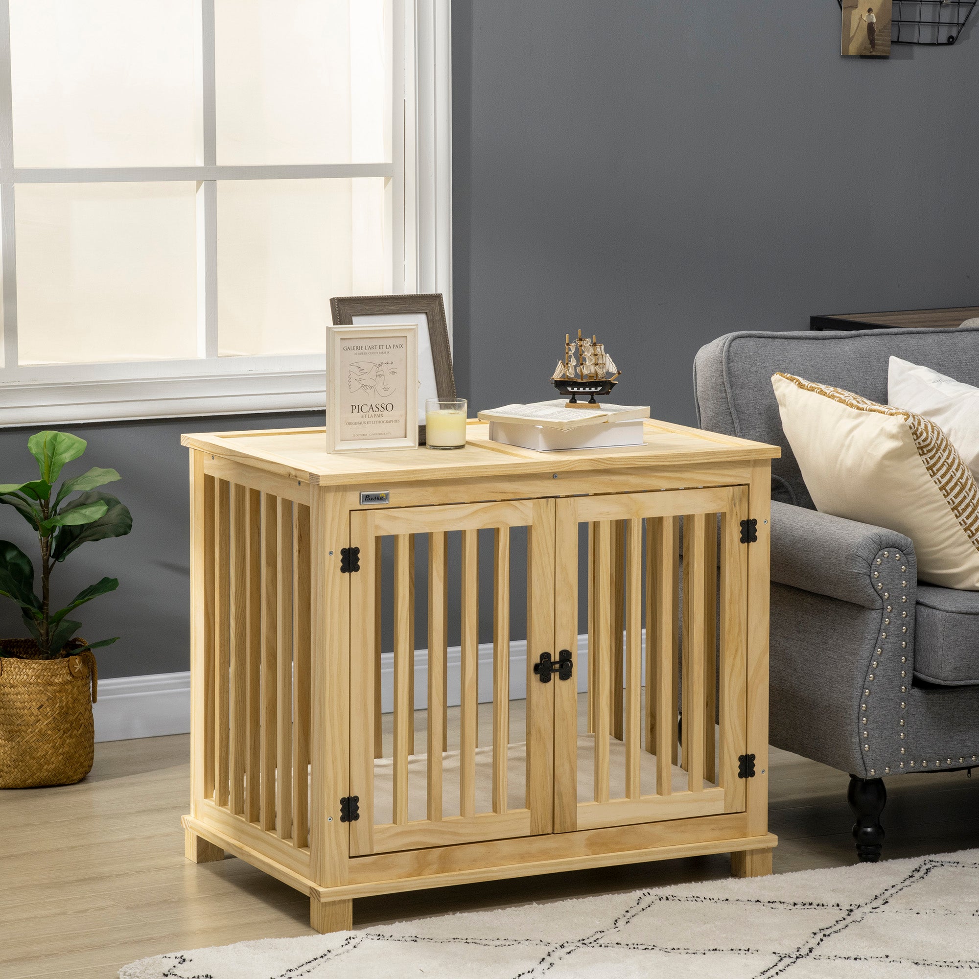 PawHut Wooden Dog Crate Furniture with Soft Cushion, Dog Crate End Table with Double Doors, Indoor Pet Crate for Small Medium Dogs