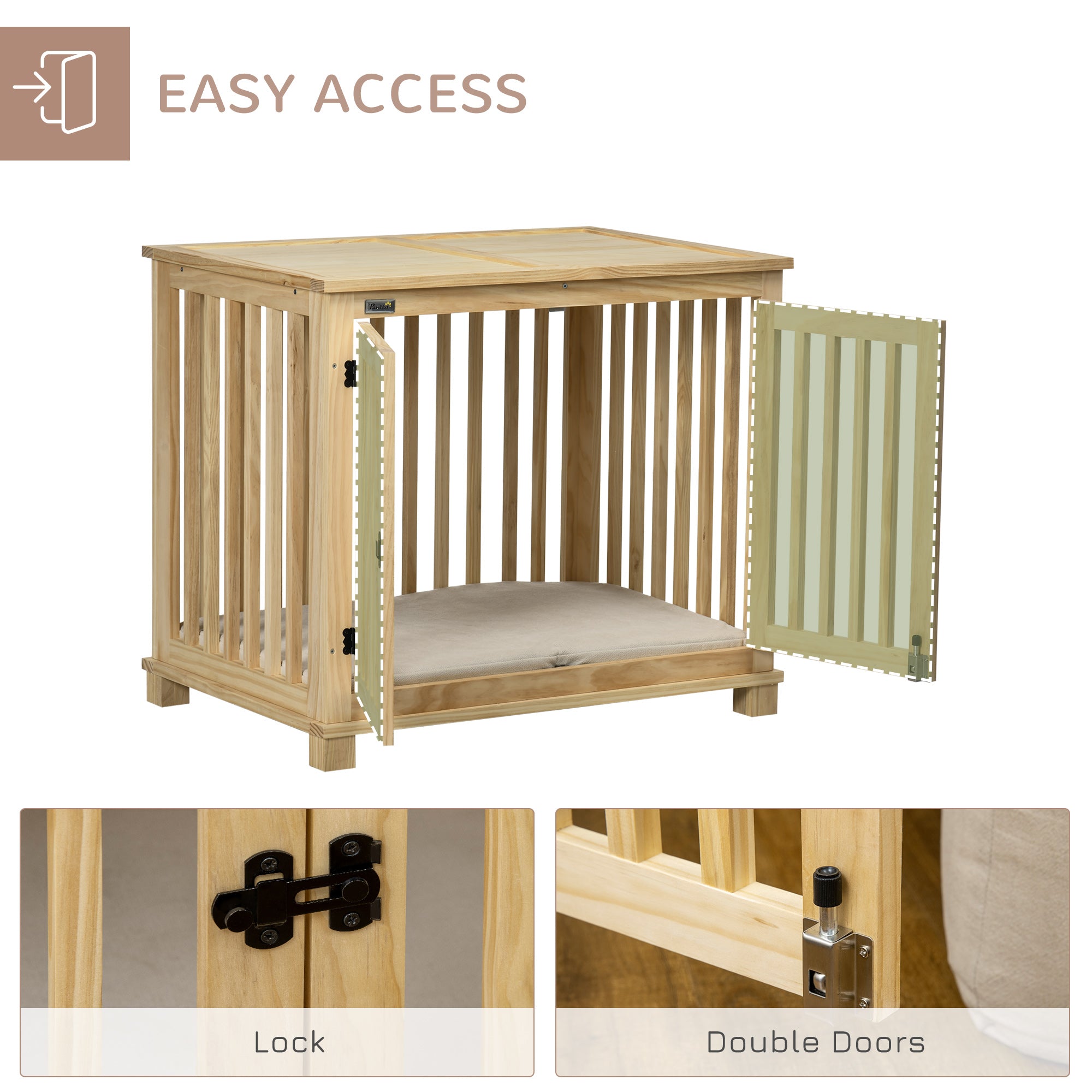 PawHut Wooden Dog Crate Furniture with Soft Cushion, Dog Crate End Table with Double Doors, Indoor Pet Crate for Small Medium Dogs