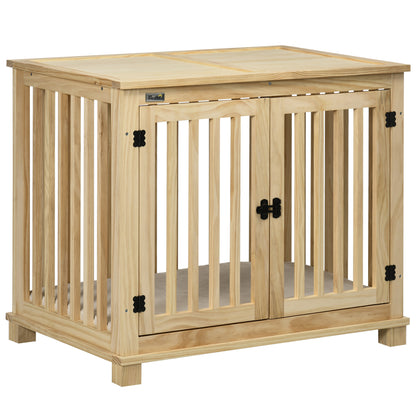 PawHut Wooden Dog Crate Furniture with Soft Cushion, Dog Crate End Table with Double Doors, Indoor Pet Crate for Small Medium Dogs