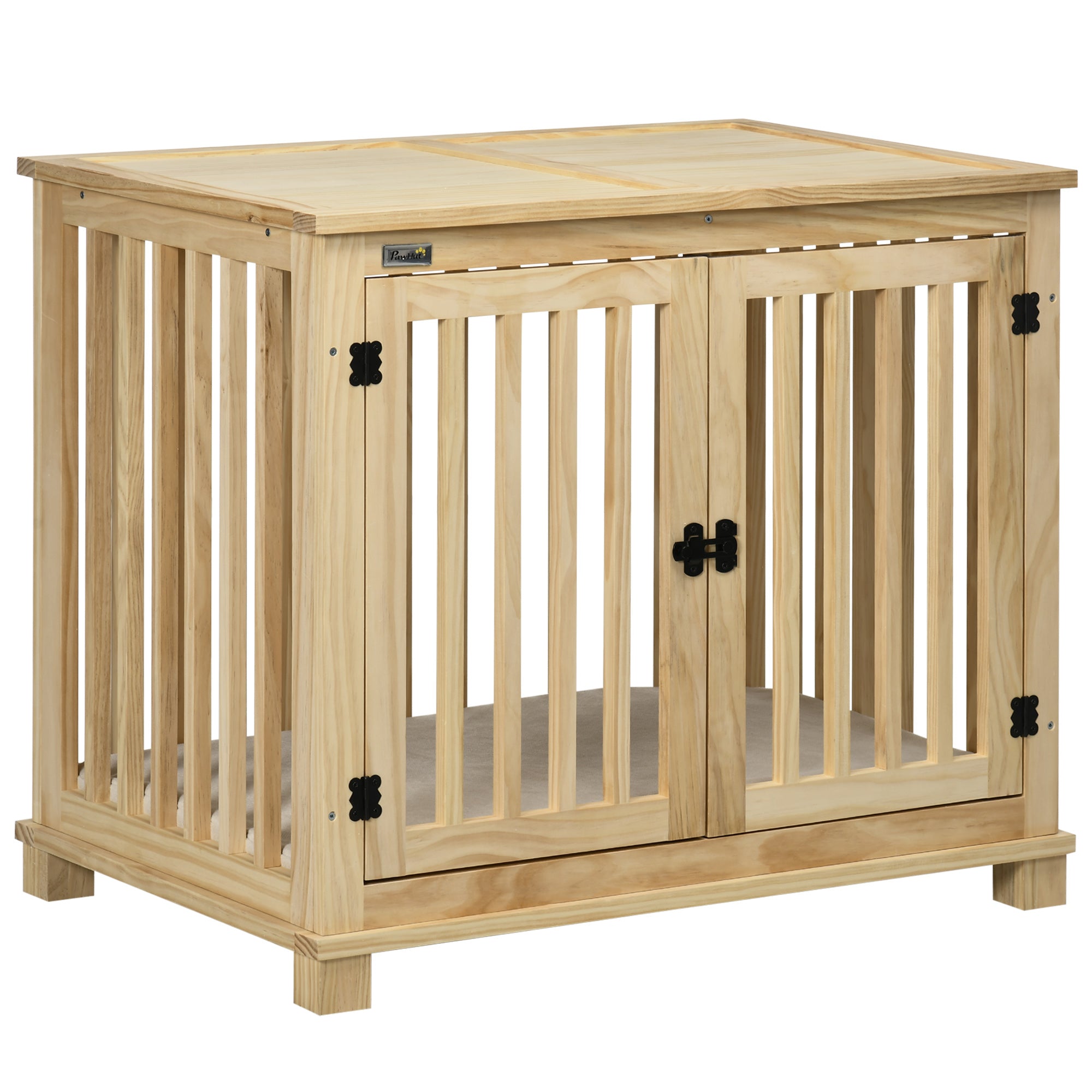 PawHut Wooden Dog Crate Furniture with Soft Cushion, Dog Crate End Table with Double Doors, Indoor Pet Crate for Small Medium Dogs