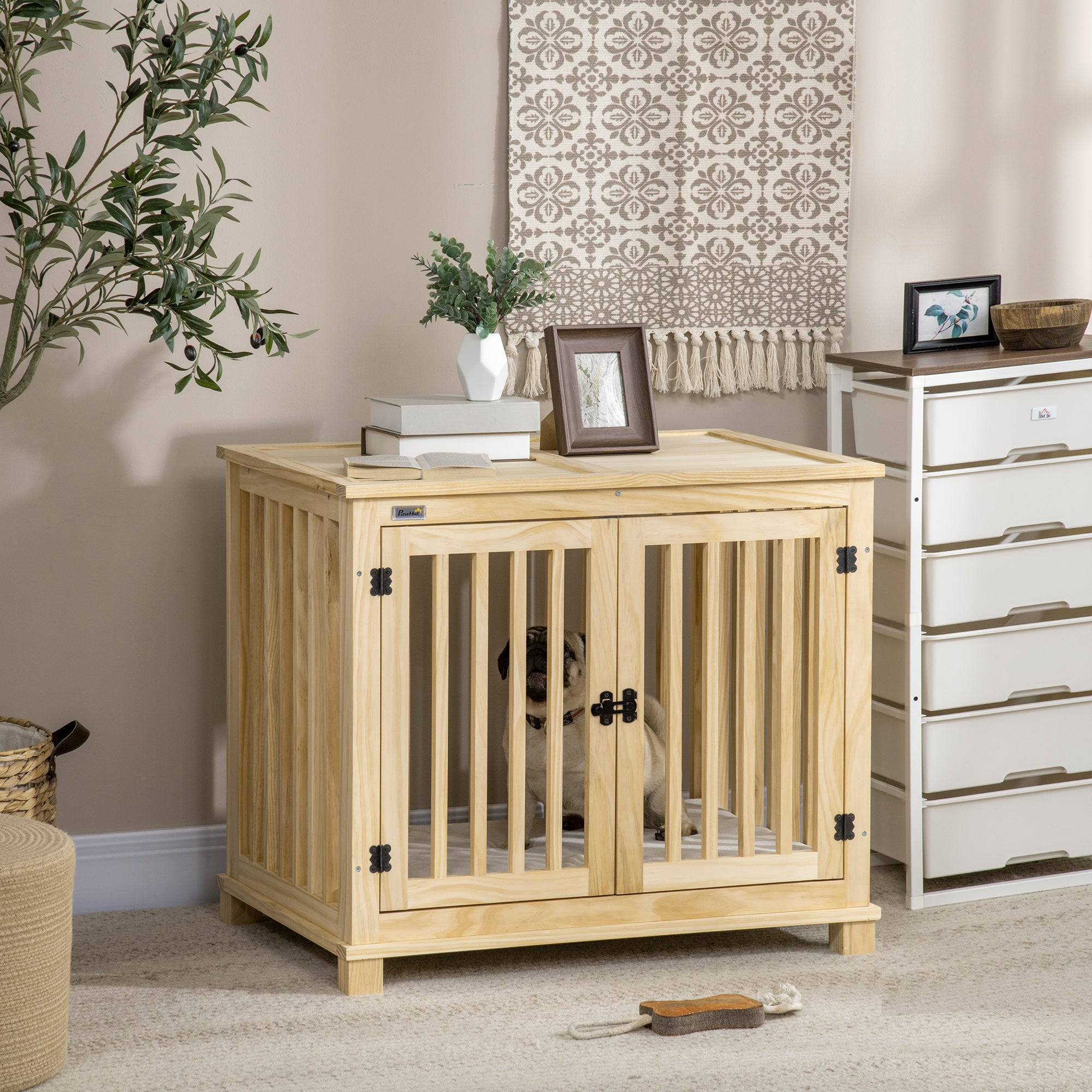 PawHut Wooden Dog Crate Furniture with Soft Cushion, Dog Crate End Table with Double Doors, Indoor Pet Crate for Small Medium Dogs