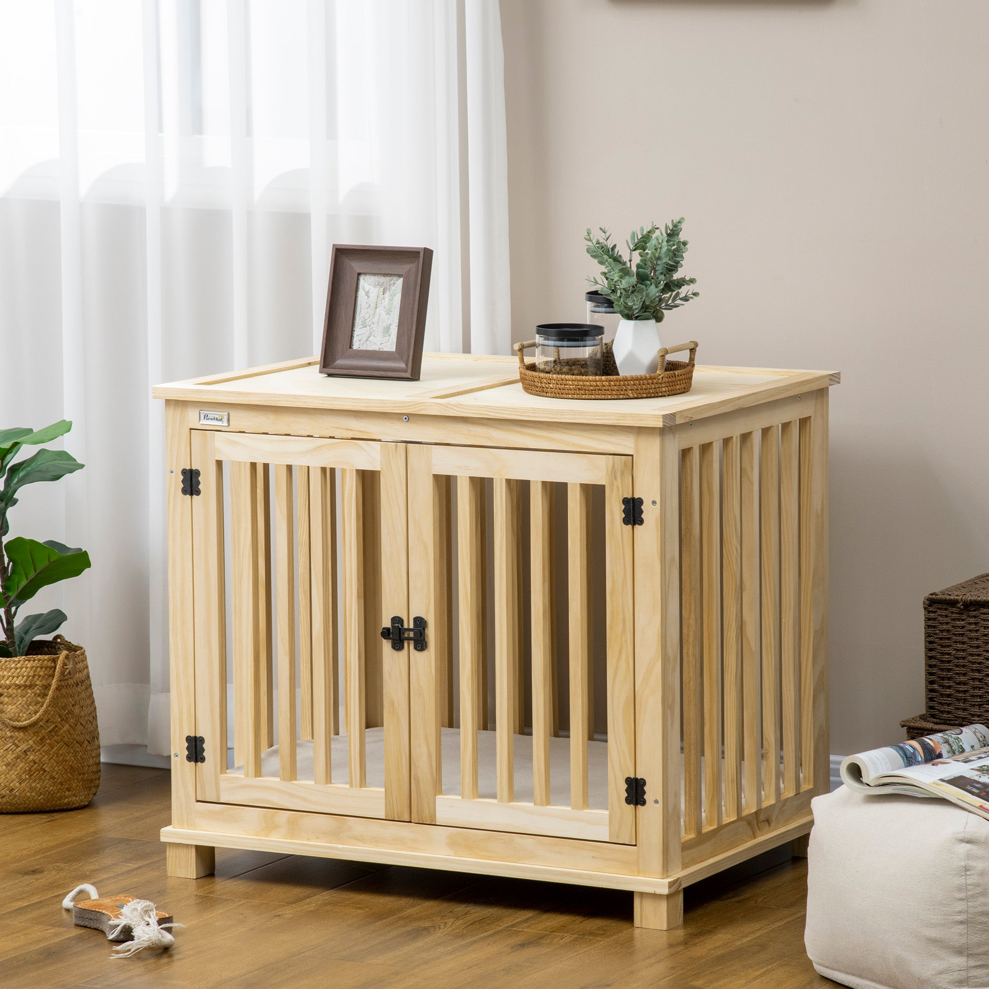 PawHut Wooden Dog Crate Furniture with Soft Cushion, Dog Crate End Table with Double Doors, Indoor Pet Crate for Small Medium Dogs