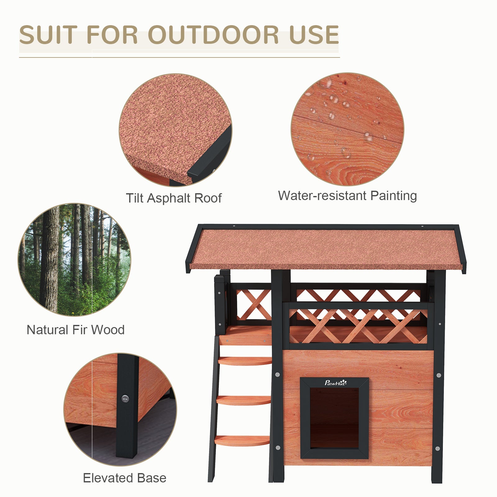 PawHut Cat House Outdoor, Wooden Feral Cat House with Balcony Stairs Asphalt Waterproof 77L x 50W x 73Hcm - White
