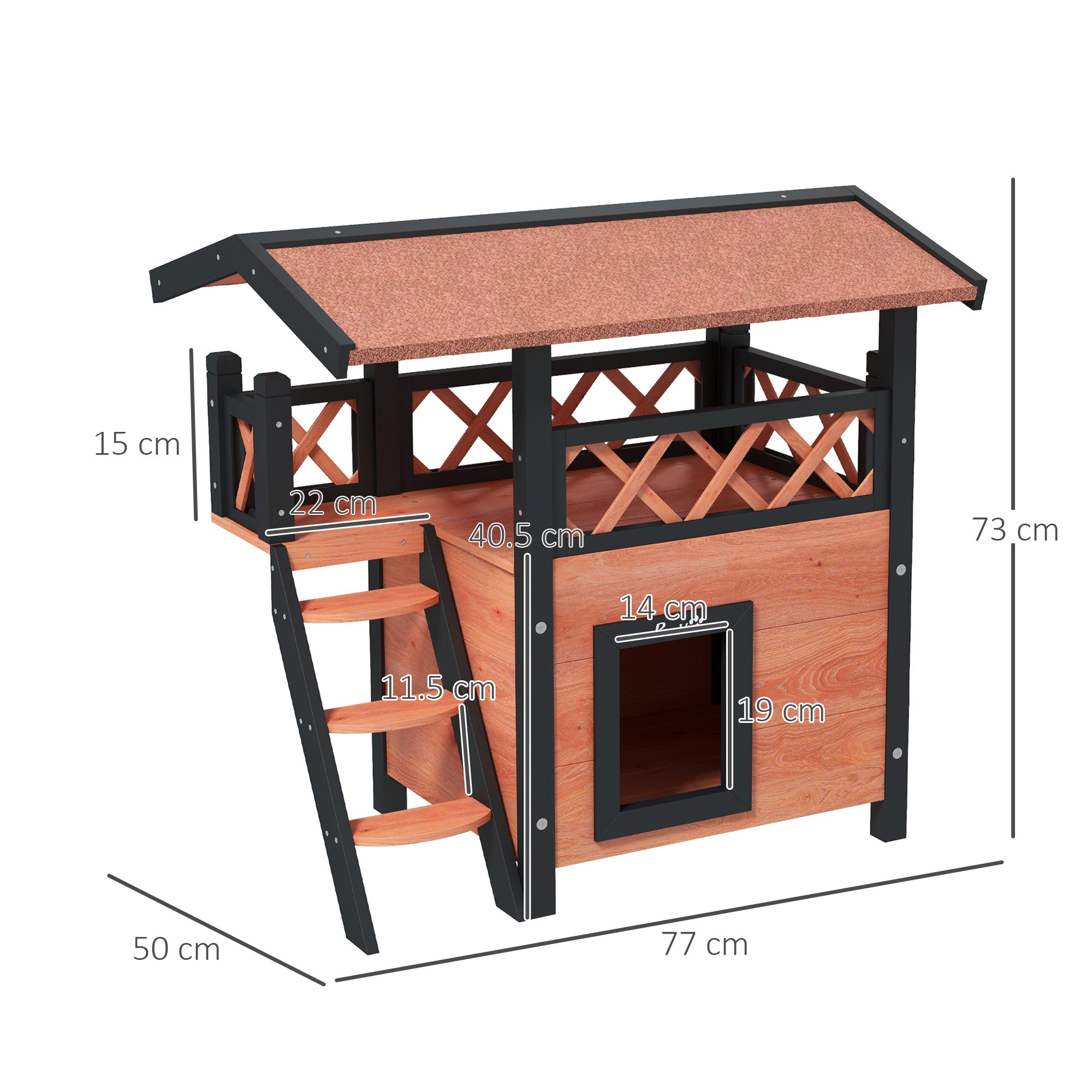 PawHut Cat House Outdoor, Wooden Feral Cat House with Balcony Stairs Asphalt Waterproof 77L x 50W x 73Hcm - White