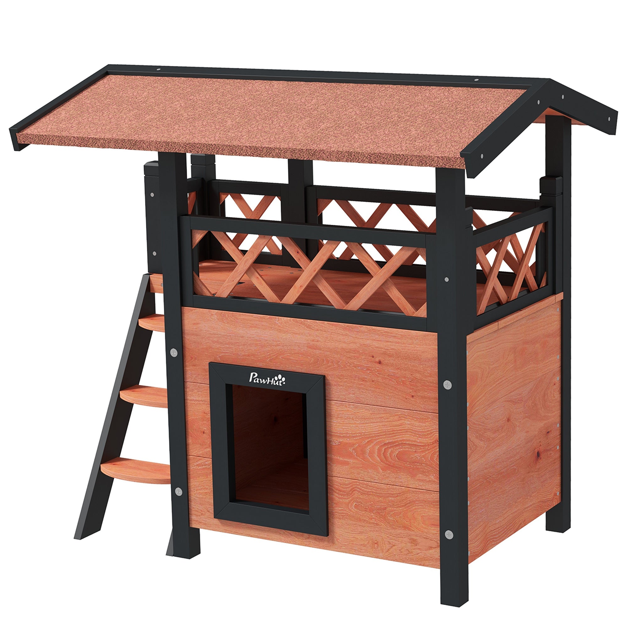 PawHut Cat House Outdoor, Wooden Feral Cat House with Balcony Stairs Asphalt Waterproof 77L x 50W x 73Hcm - White