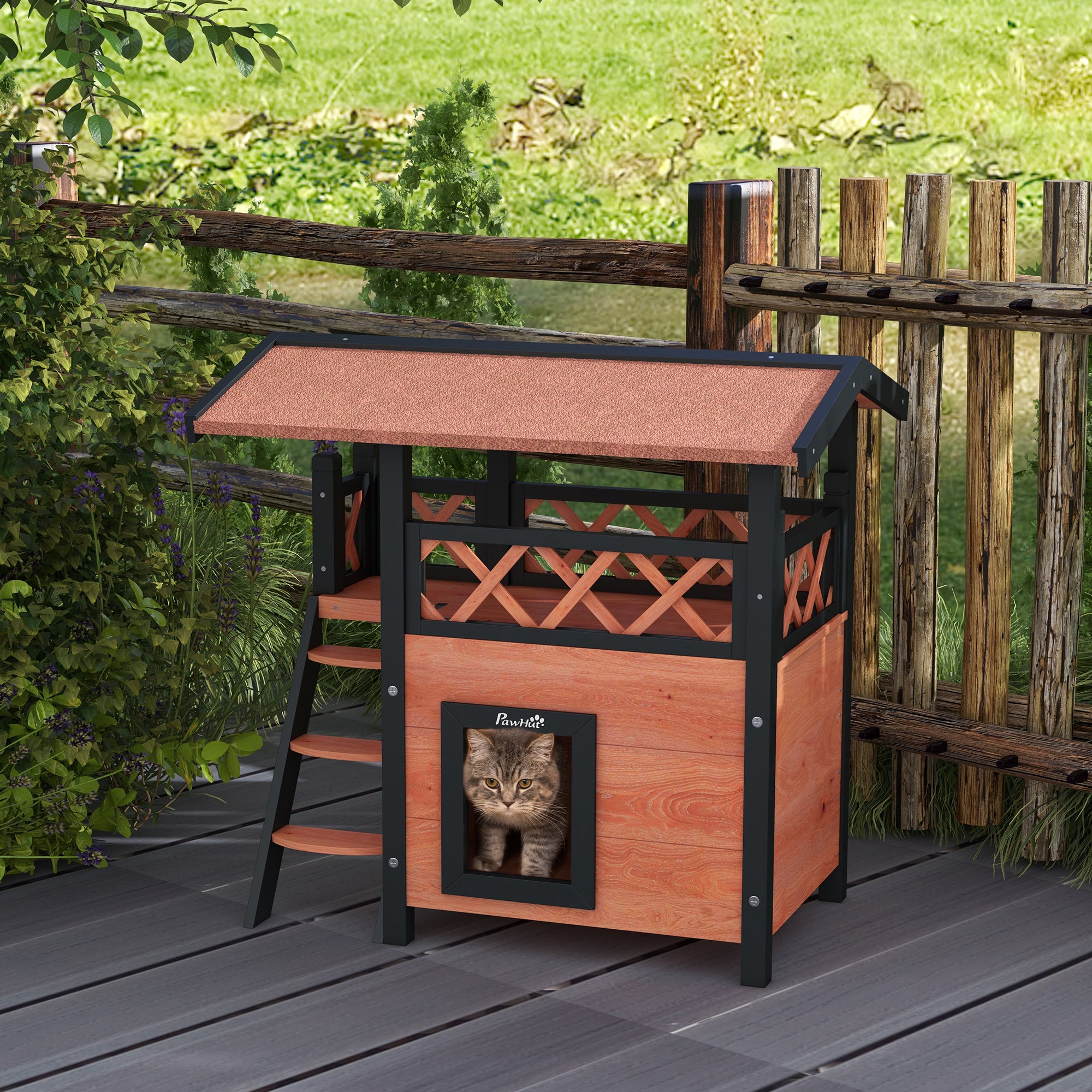 PawHut Cat House Outdoor, Wooden Feral Cat House with Balcony Stairs Asphalt Waterproof 77L x 50W x 73Hcm - White