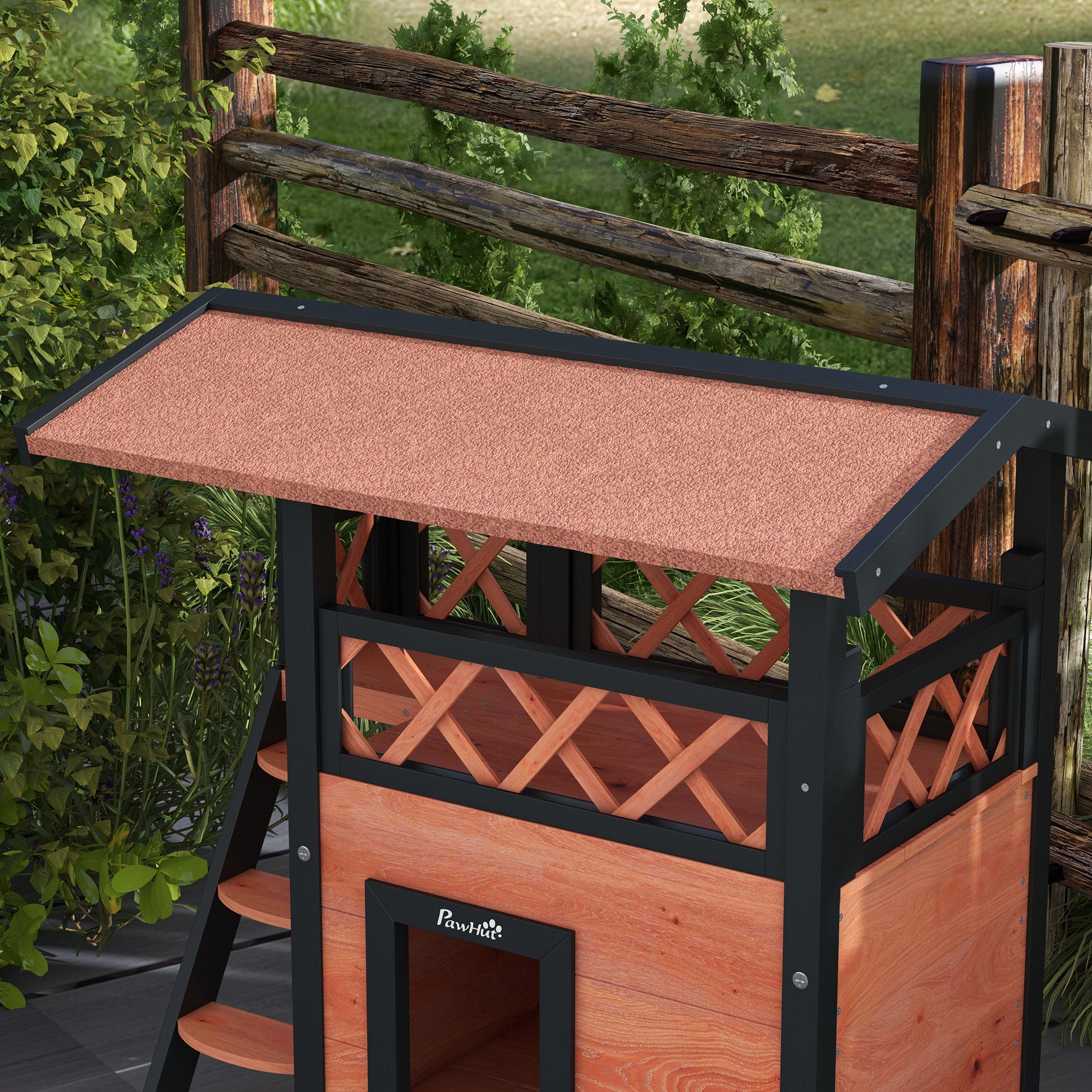 PawHut Cat House Outdoor, Wooden Feral Cat House with Balcony Stairs Asphalt Waterproof 77L x 50W x 73Hcm - White
