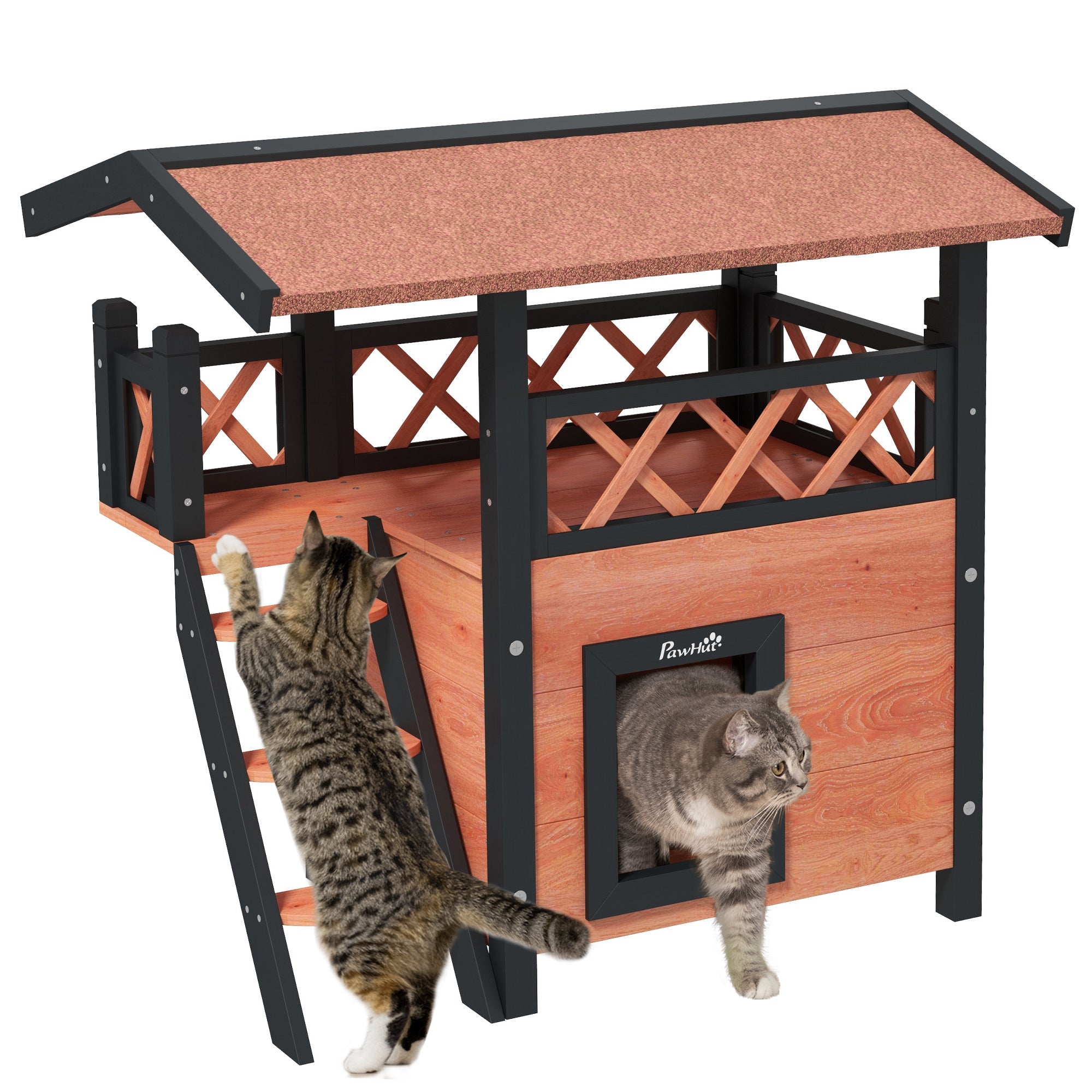 PawHut Cat House Outdoor, Wooden Feral Cat House with Balcony Stairs Asphalt Waterproof 77L x 50W x 73Hcm - White