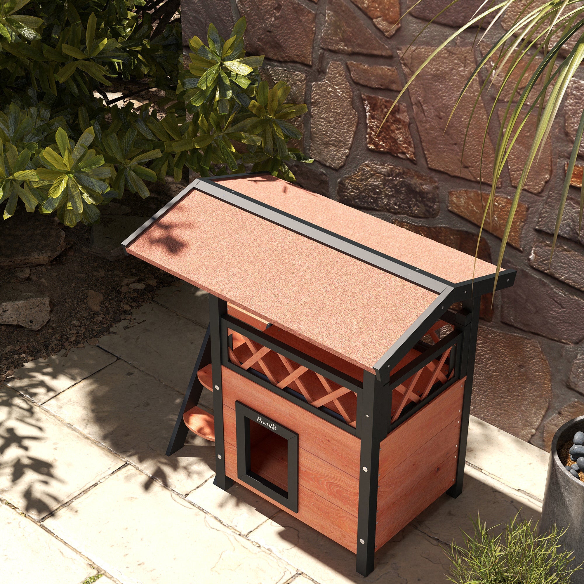 PawHut Cat House Outdoor, Wooden Feral Cat House with Balcony Stairs Asphalt Waterproof 77L x 50W x 73Hcm - White