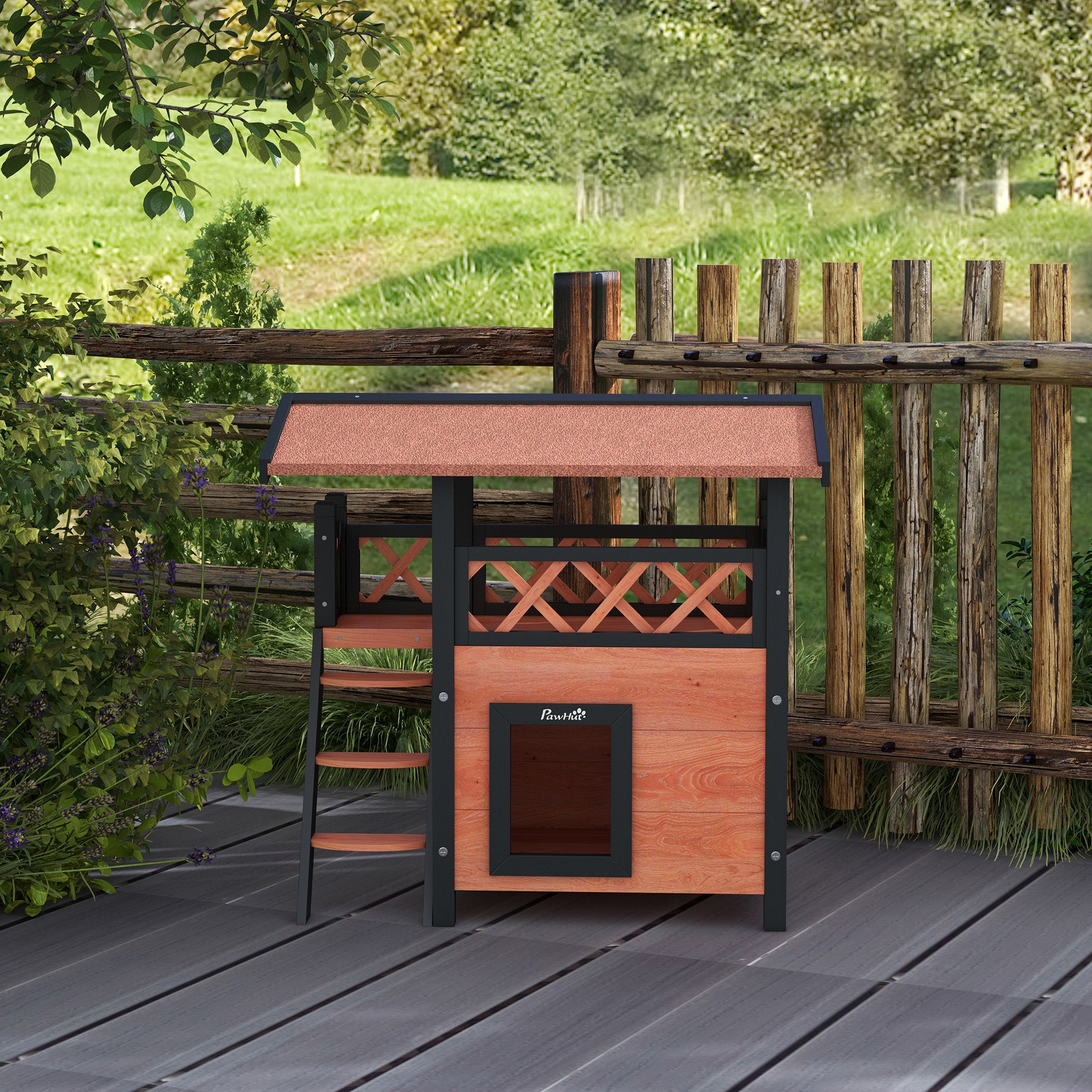 PawHut Cat House Outdoor, Wooden Feral Cat House with Balcony Stairs Asphalt Waterproof 77L x 50W x 73Hcm - White