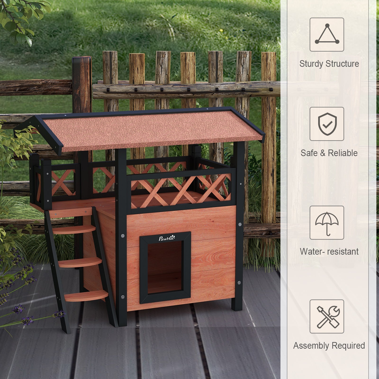PawHut Cat House Outdoor, Wooden Feral Cat House with Balcony Stairs Asphalt Waterproof 77L x 50W x 73Hcm - White