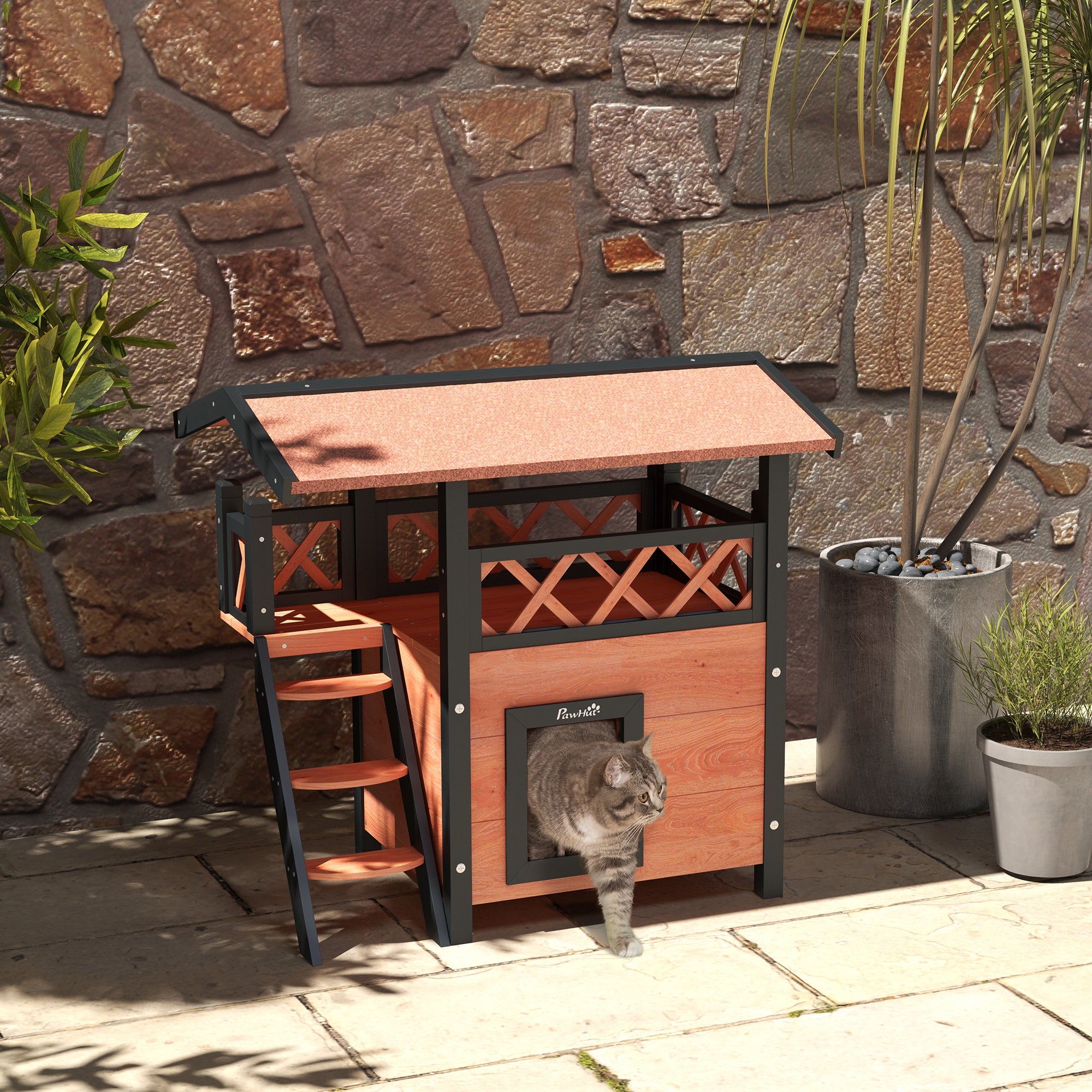 PawHut Cat House Outdoor, Wooden Feral Cat House with Balcony Stairs Asphalt Waterproof 77L x 50W x 73Hcm - White