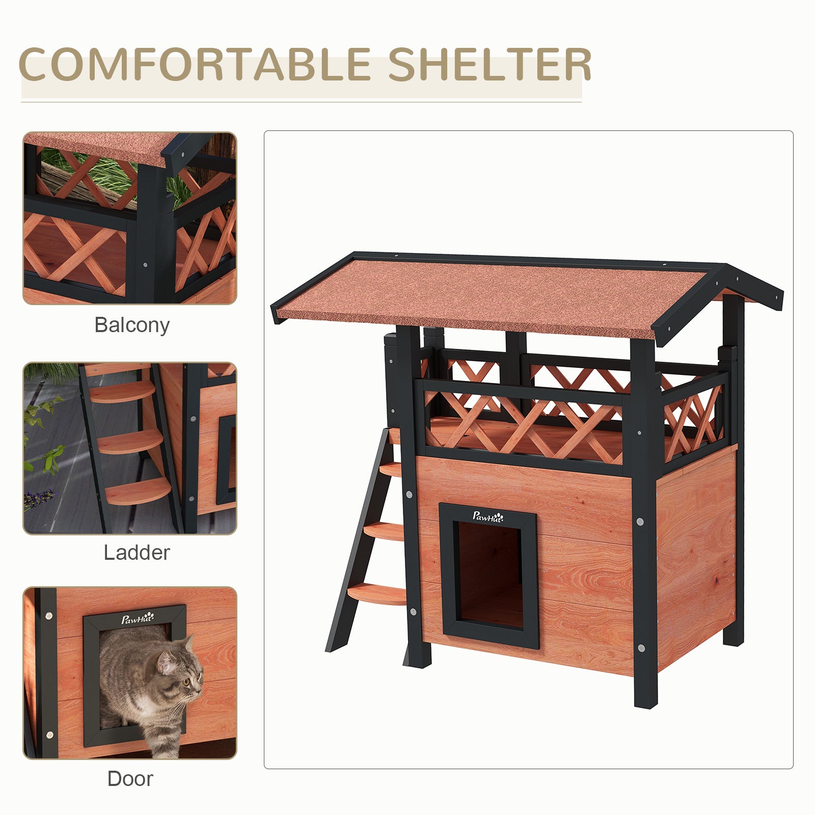PawHut Cat House Outdoor, Wooden Feral Cat House with Balcony Stairs Asphalt Waterproof 77L x 50W x 73Hcm - White