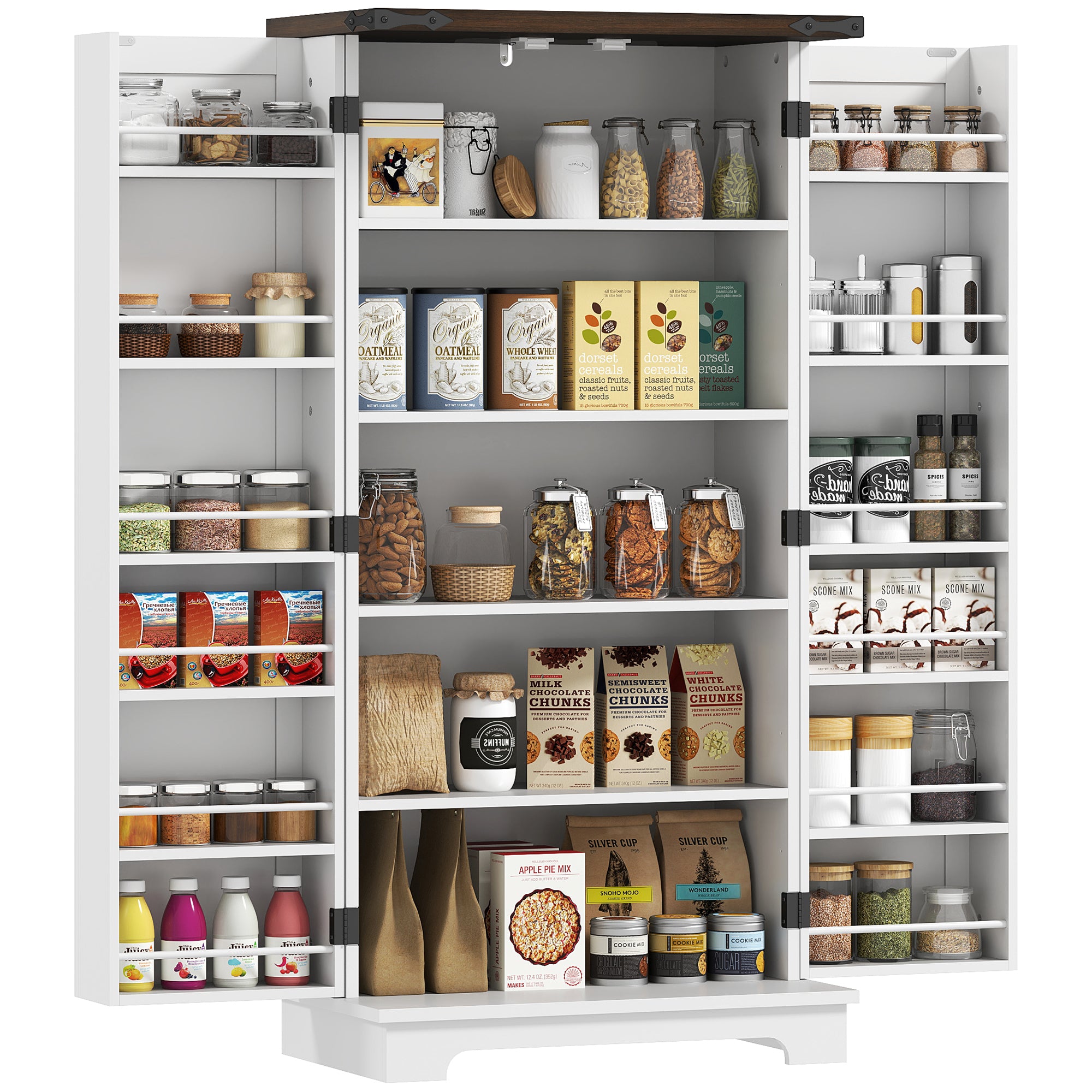 HOMCOM 47" Kitchen Pantry Cabinet, Freestanding Farmhouse Storage Cabinet with Doors, 2 Adjustable Shelves and 12 Door Shelves, White