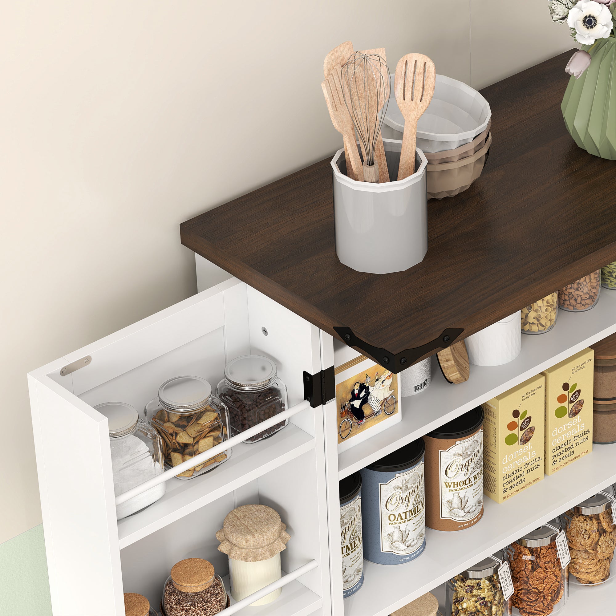 HOMCOM 47" Kitchen Pantry Cabinet, Freestanding Farmhouse Storage Cabinet with Doors, 2 Adjustable Shelves and 12 Door Shelves, White