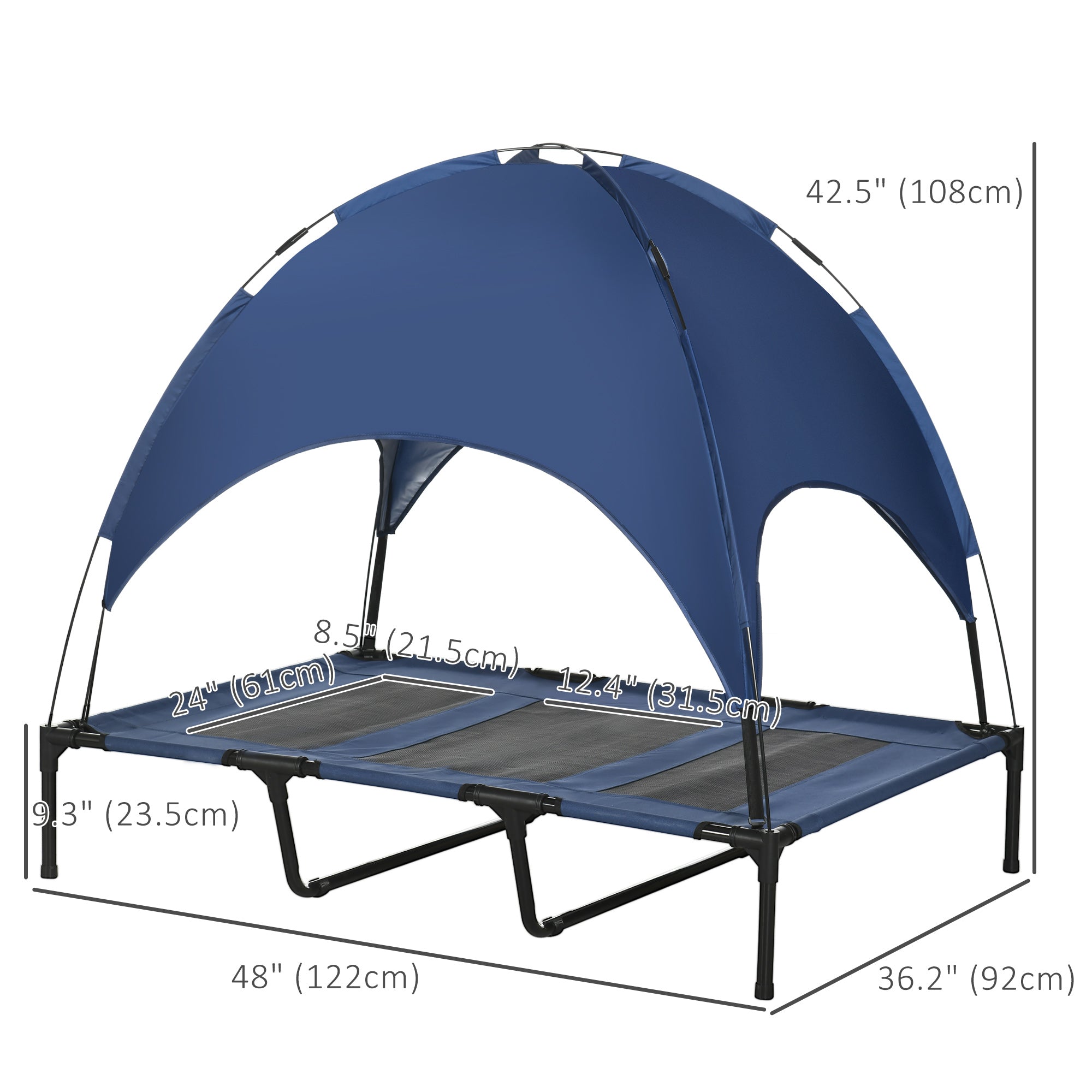 PawHut Elevated Dog Bed with Canopy, Portable Raised Dog Cot for XL Sized Dogs, Indoor & Outdoor, 48" x 36" x 43", Dark Blue