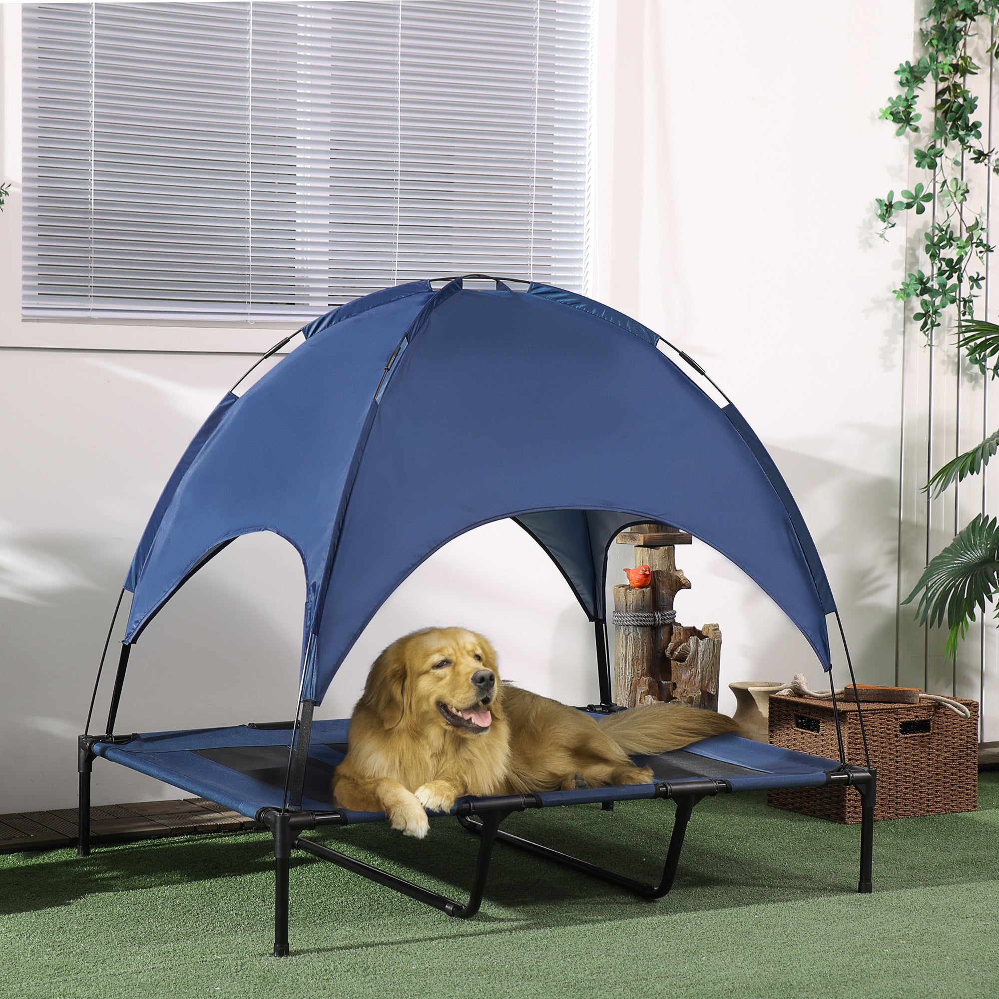 PawHut Raised Dog Bed Waterproof Elevated Pet Cot with Breathable Mesh UV Protection Canopy Blue, for XL Dogs, 122 x 92 x 108cm