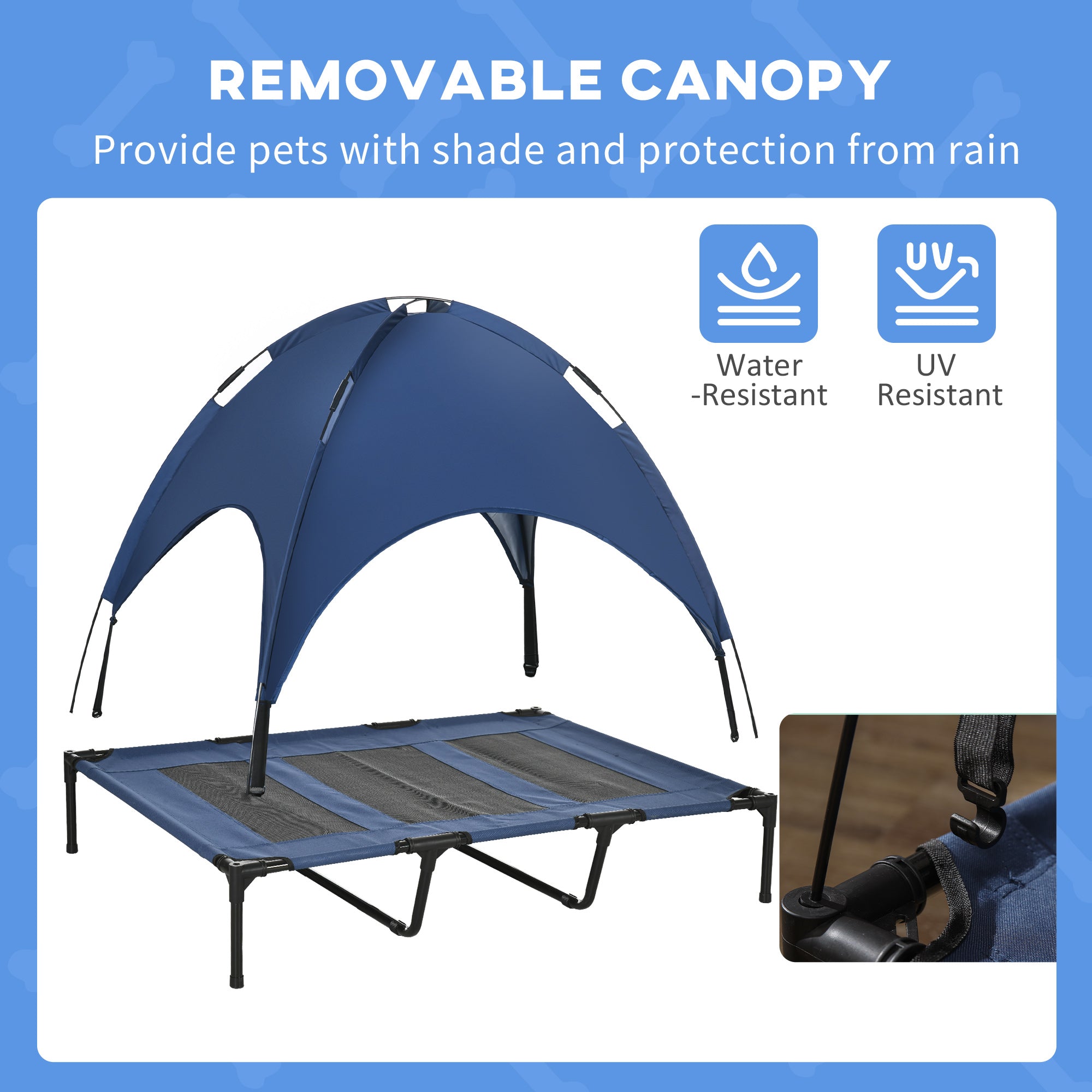 PawHut Elevated Dog Bed with Canopy, Portable Raised Dog Cot for XL Sized Dogs, Indoor & Outdoor, 48" x 36" x 43", Dark Blue