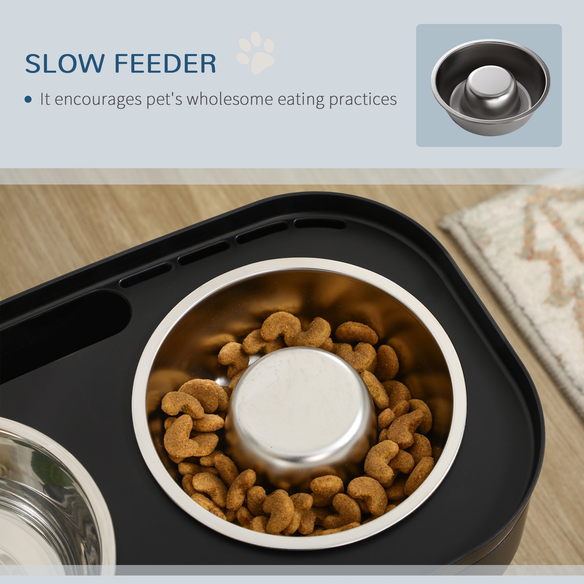 PawHut Pet Feeder, 4 Adjustable Heights Elevated Dog Bowls with Slower Feeder, Stainless Steel Food and Water Bowls, Raised Edge and Food Collection Hole