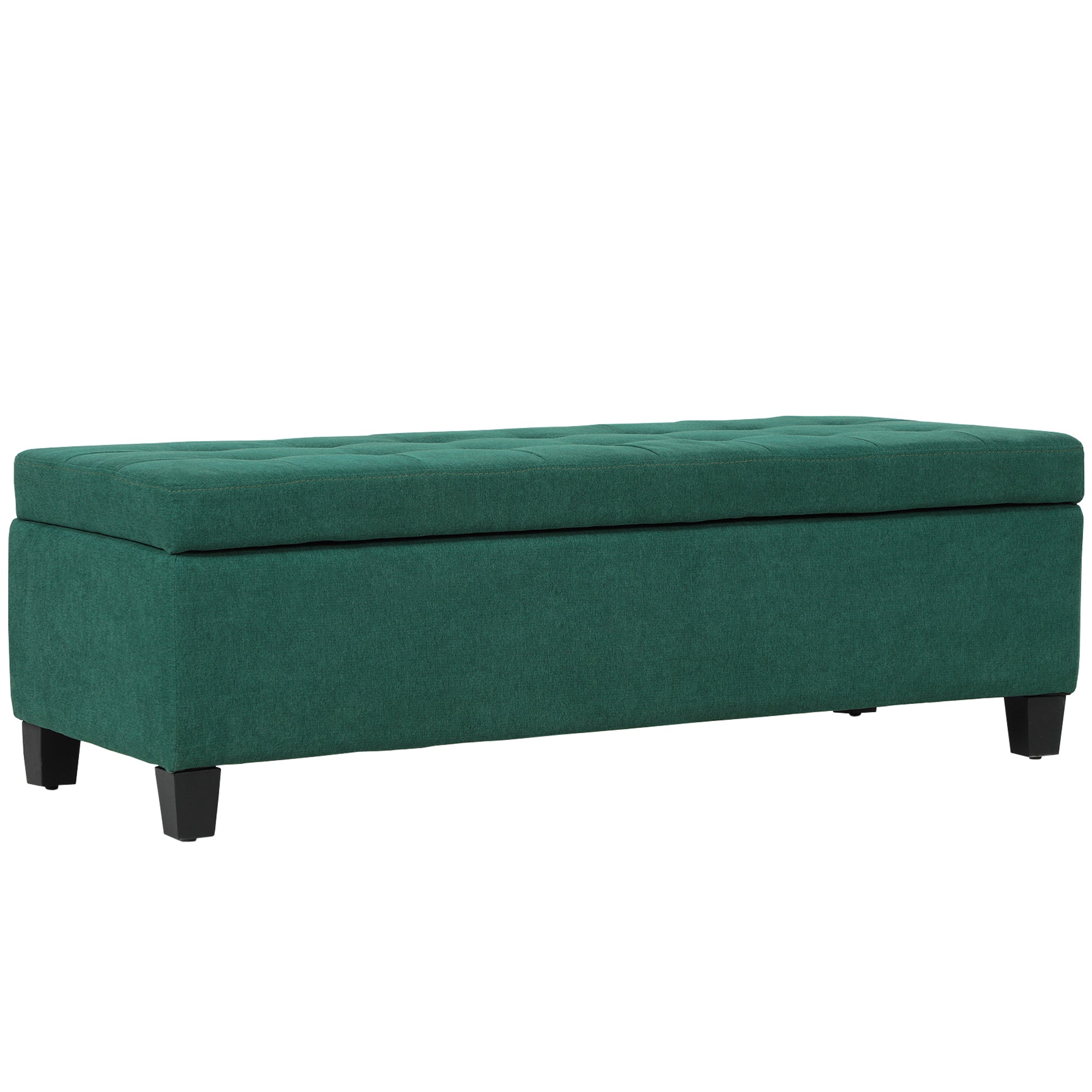 HOMCOM Large 50" Rectangular Storage Ottoman Bench, Tufted Upholstered Linen Fabric Wood Feet Entry Bench, Contemporary Home Decor Dark Green