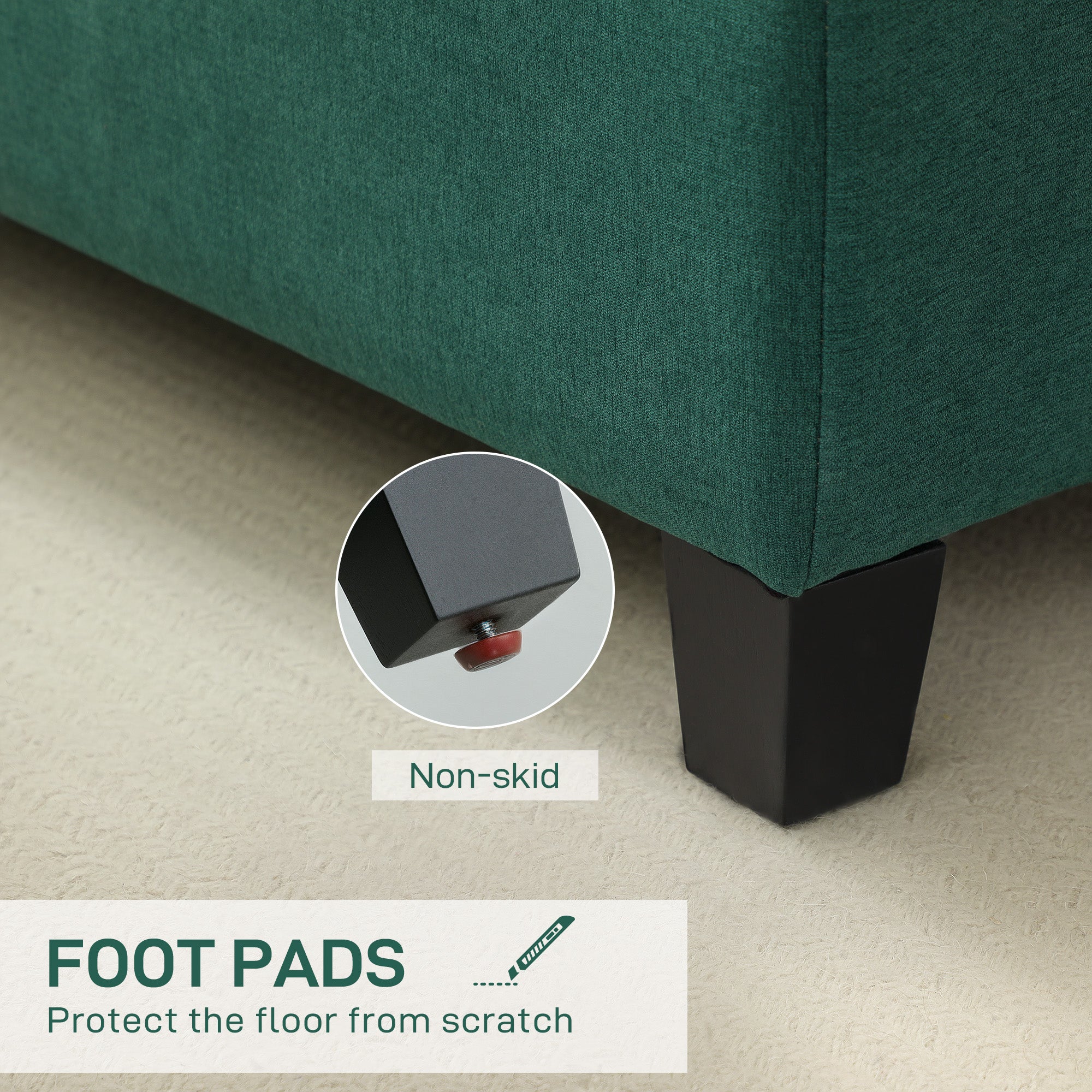 HOMCOM Large 50" Rectangular Storage Ottoman Bench, Tufted Upholstered Linen Fabric Wood Feet Entry Bench, Contemporary Home Decor Dark Green